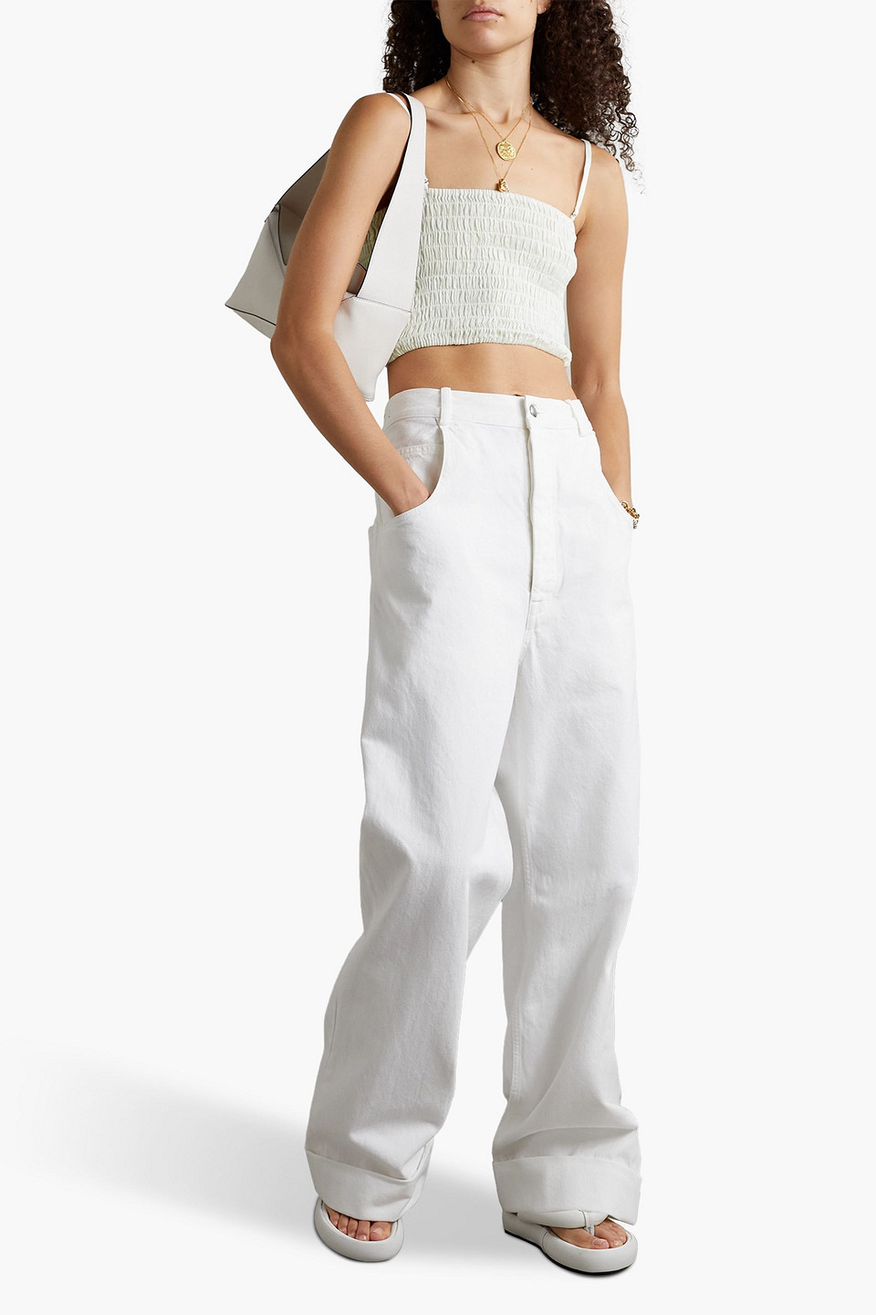 Shop Atm Anthony Thomas Melillo Cropped Shirred Linen Tank In Off-white