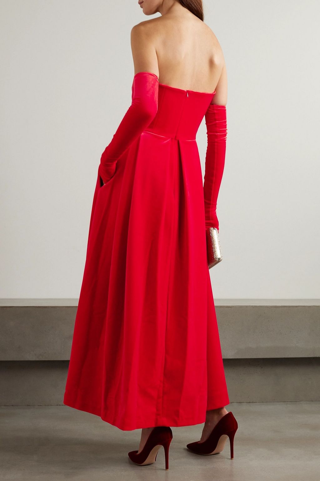 ALEX PERRY Strapless pleated velvet midi dress and gloves set