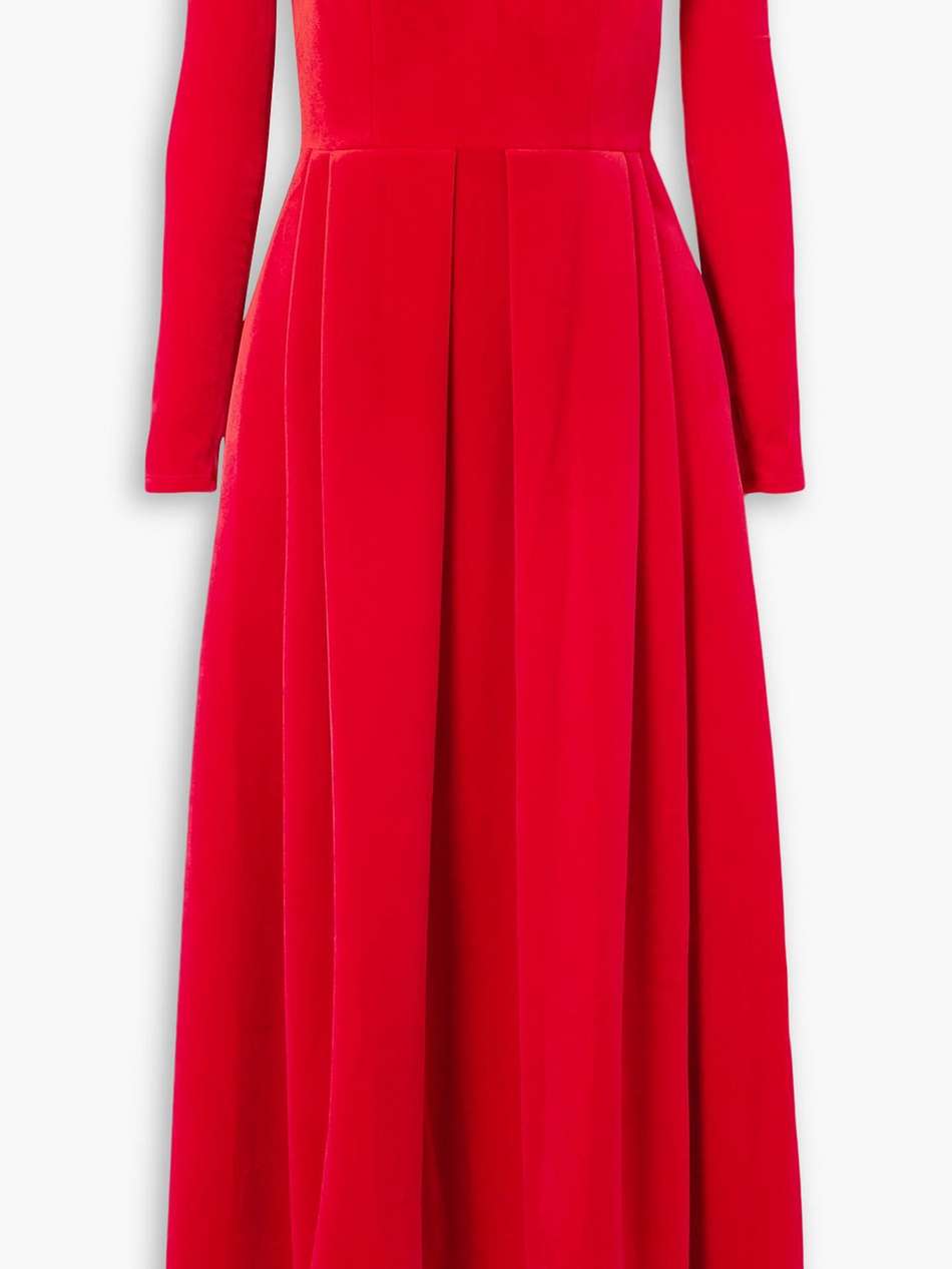 strapless pleated velvet midi dress and gloves set