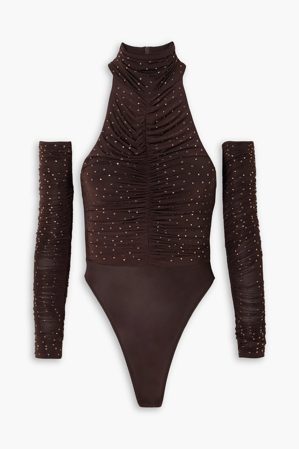 Alex Perry Arlie Ruched Crystal-embellished Stretch-jersey Turtleneck Bodysuit And Gloves Set In Dark Brown