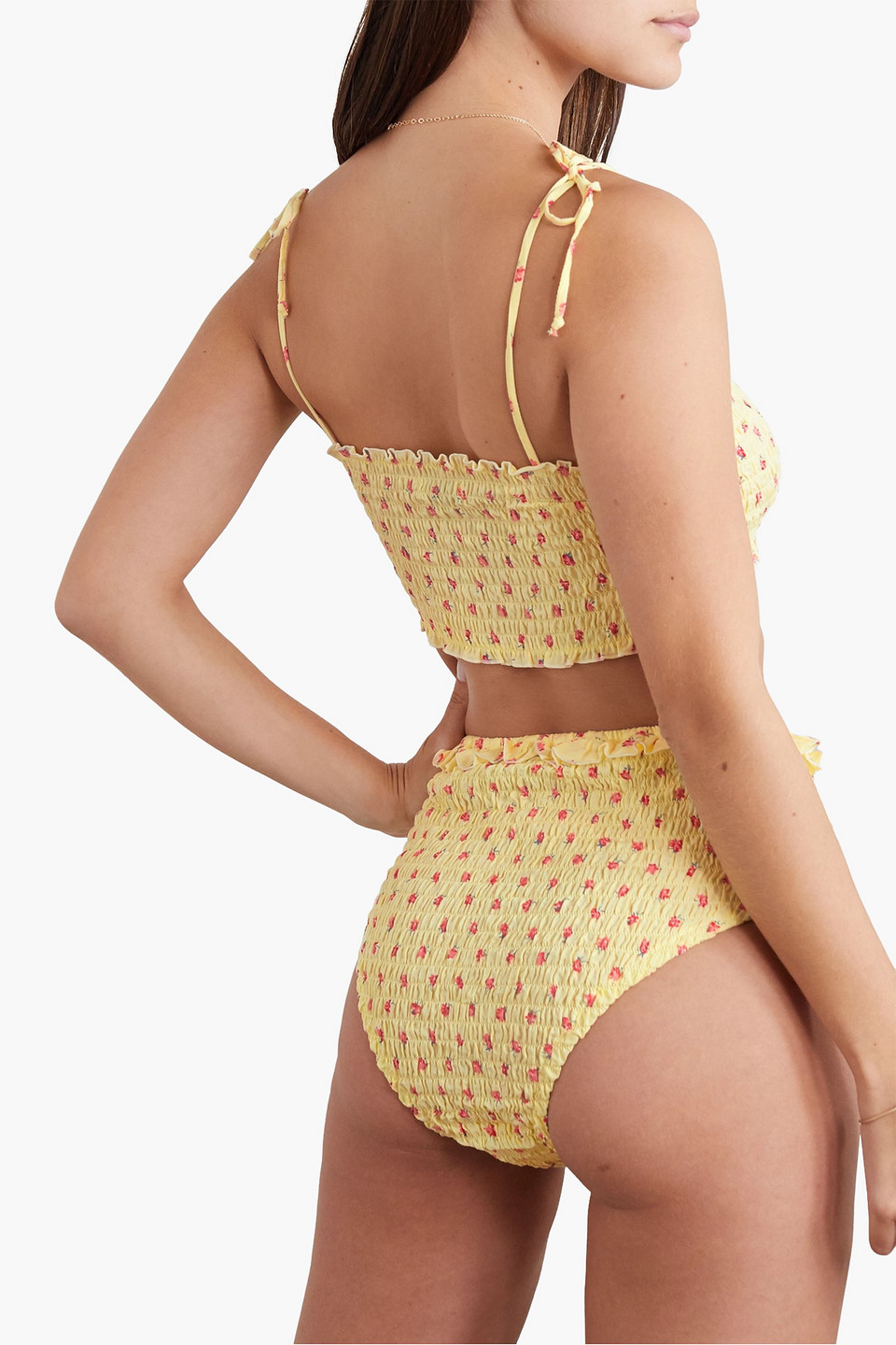 Faithfull The Brand Cassis Shirred Floral-print Seersucker High-rise Briefs In Pastel Yellow