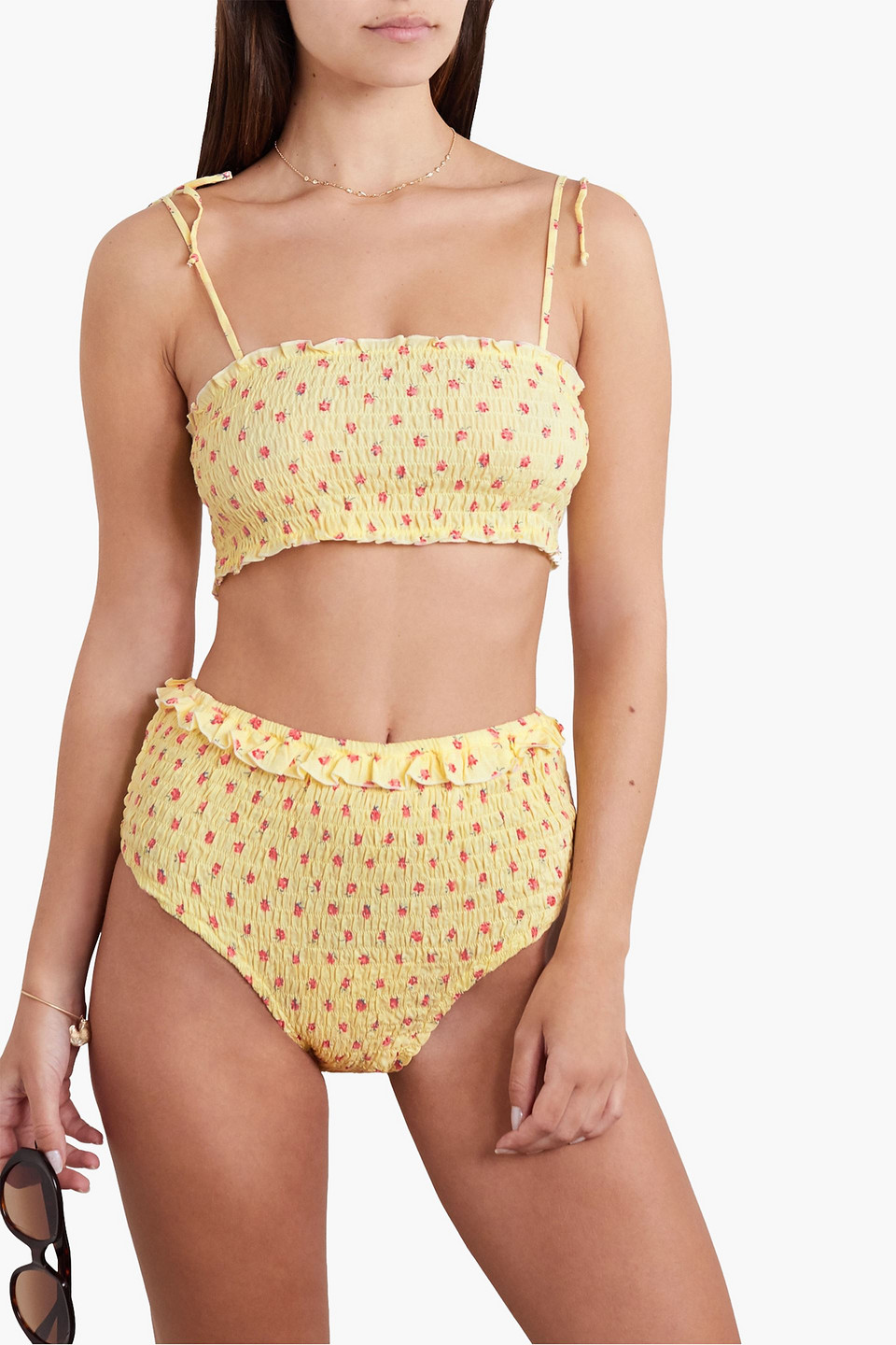 Faithfull The Brand Cassis Shirred Floral-print Seersucker High-rise Briefs In Pastel Yellow