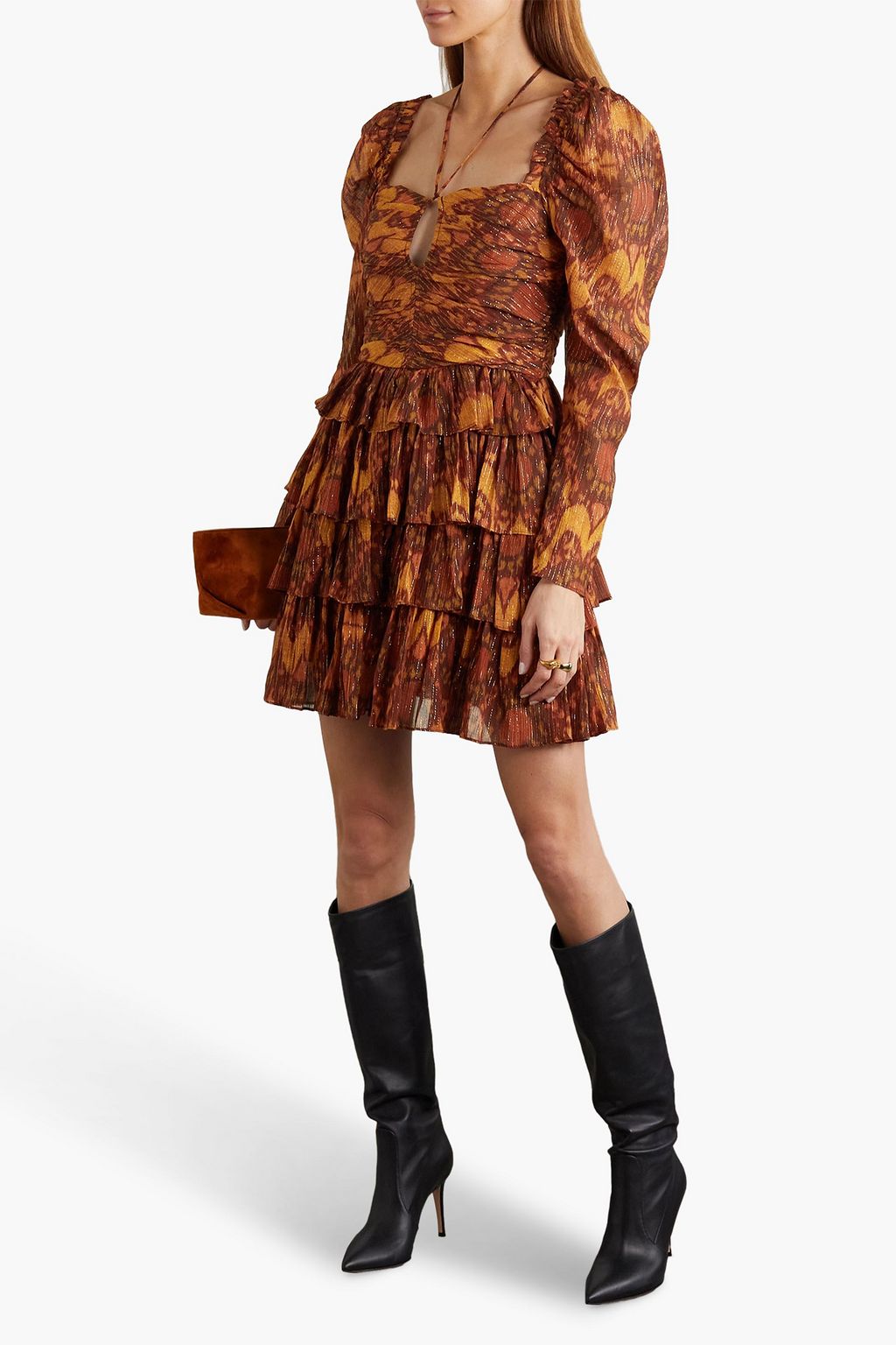 ULLA JOHNSON コットン混クレポン ミニワンピース ラッフル付き メタリック プリント入り