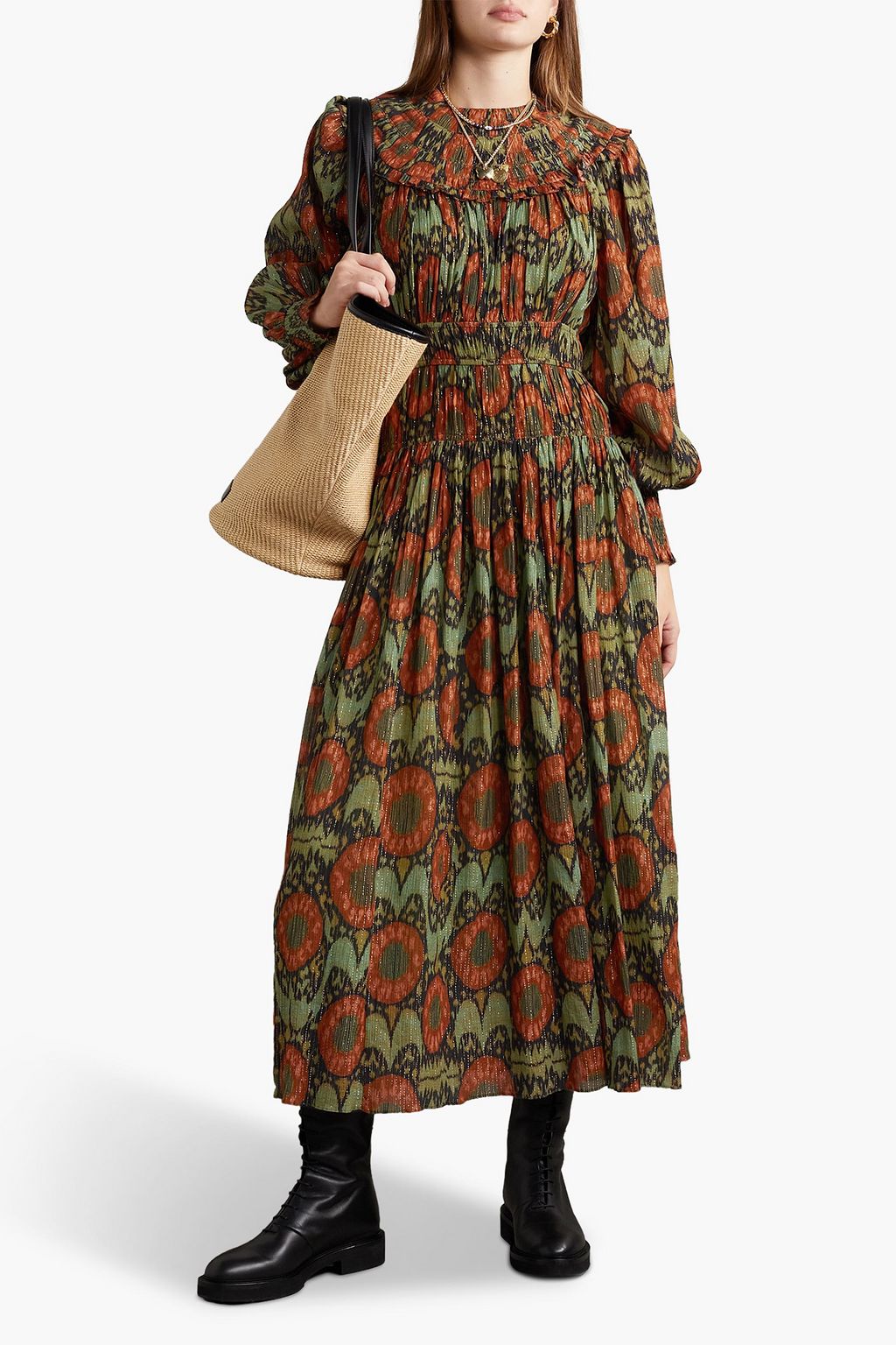 ULLA JOHNSON フィルクーペコットン混クレポン ミディワンピース プリント入り