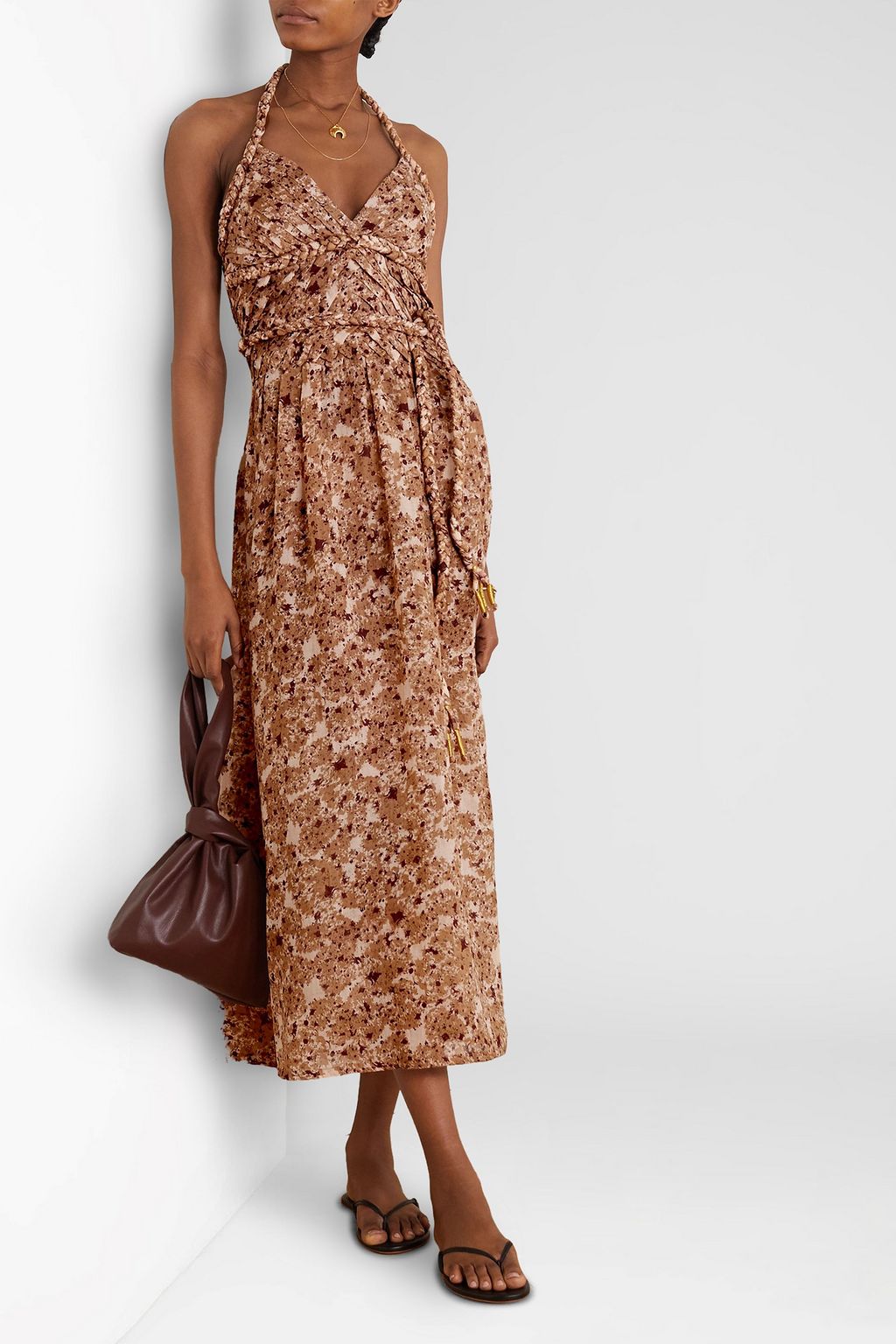 YVONNE S Pleated floral-print linen halterneck midi dress