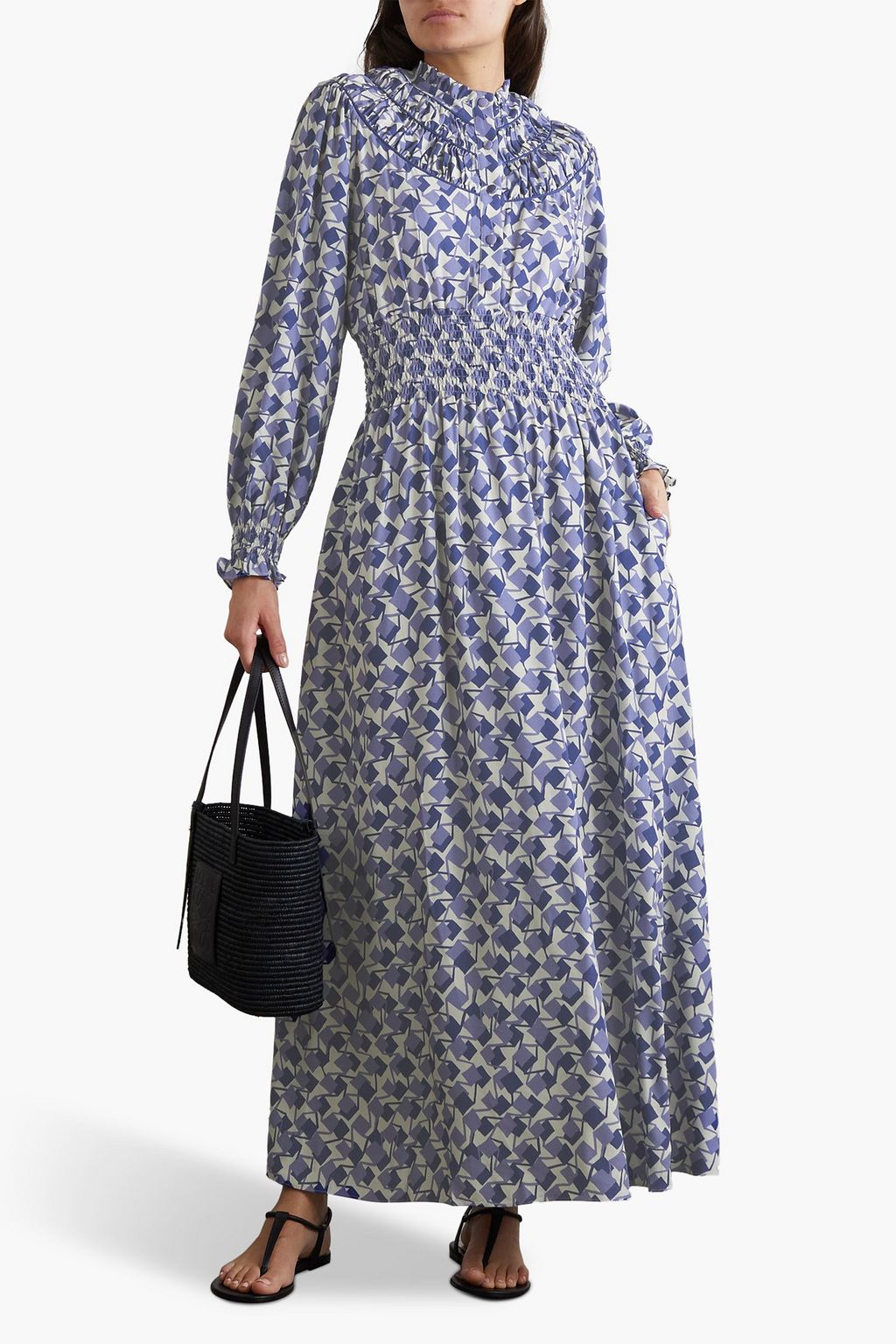LORETTA CAPONI Zaira smocked printed woven maxi dress