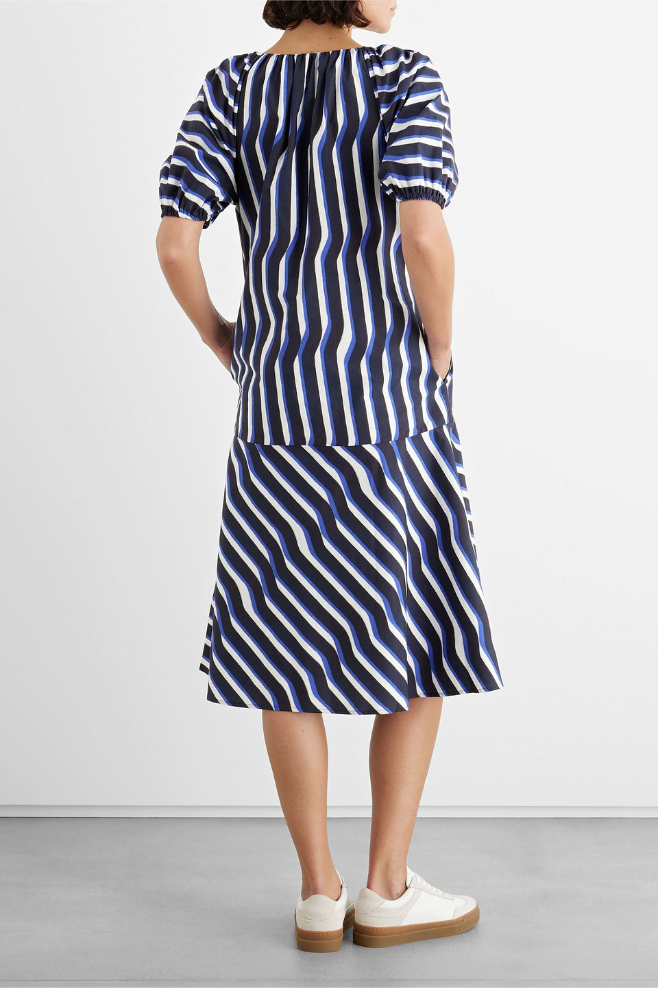 Shop Iris & Ink Esme Striped Organic Cotton-poplin Midi Dress In Navy