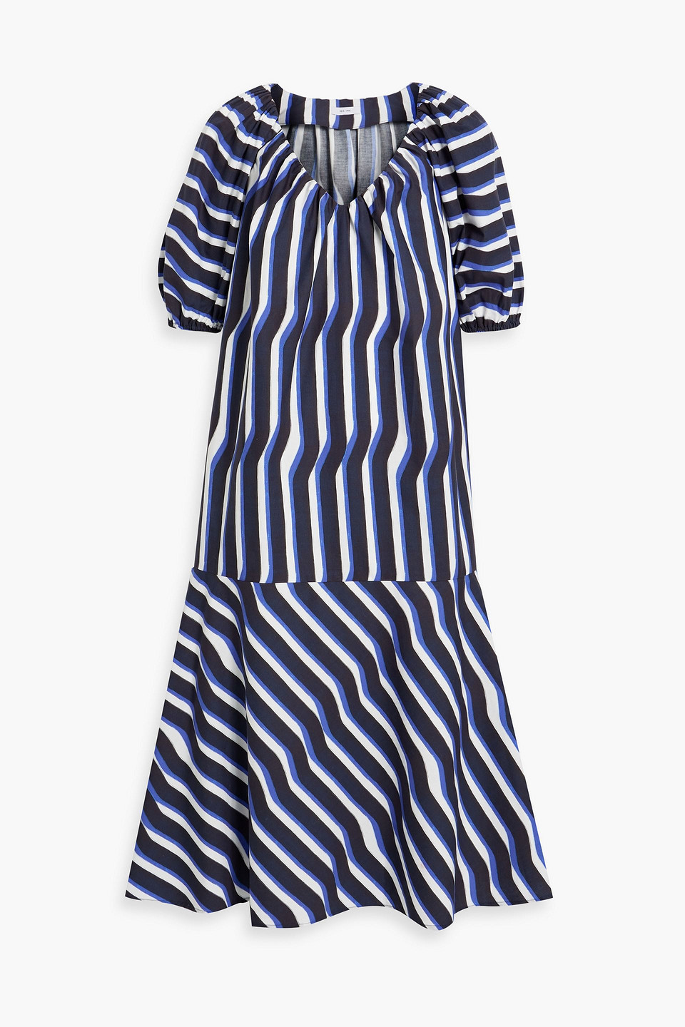 Iris & Ink Esme Striped Organic Cotton-poplin Midi Dress In Navy