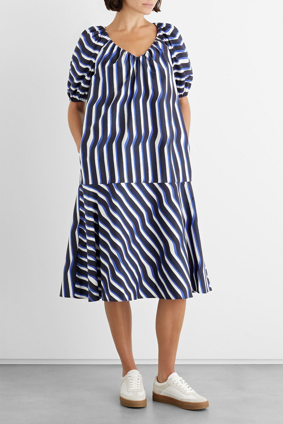 Shop Iris & Ink Esme Striped Organic Cotton-poplin Midi Dress In Navy