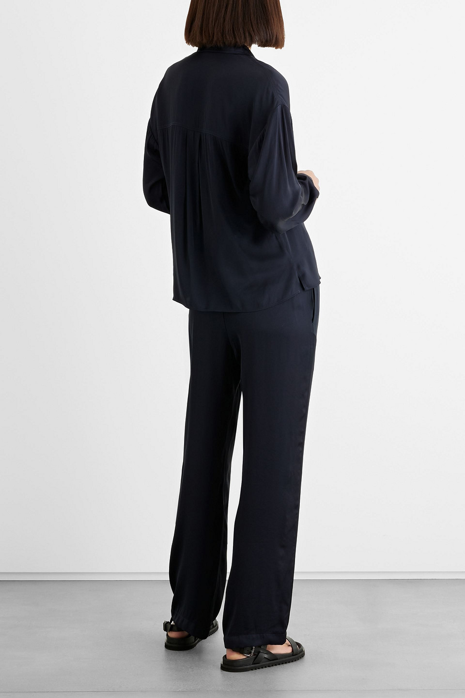 Shop Iris & Ink Megan Satin Shirt In Navy