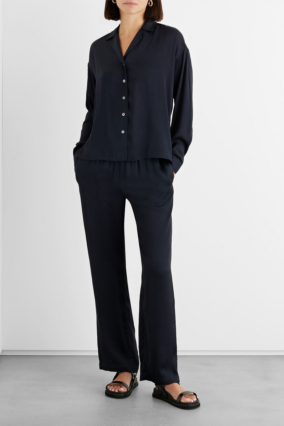 Shop Iris & Ink Megan Satin Shirt In Navy