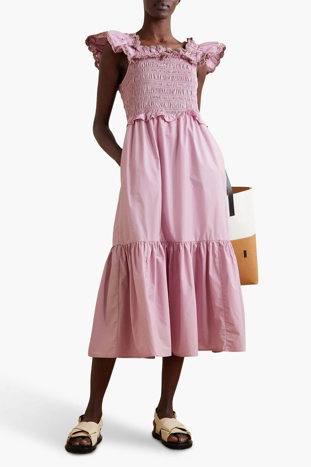 SEA Rylee tiered crochet lace-trimmed cotton-poplin midi dress