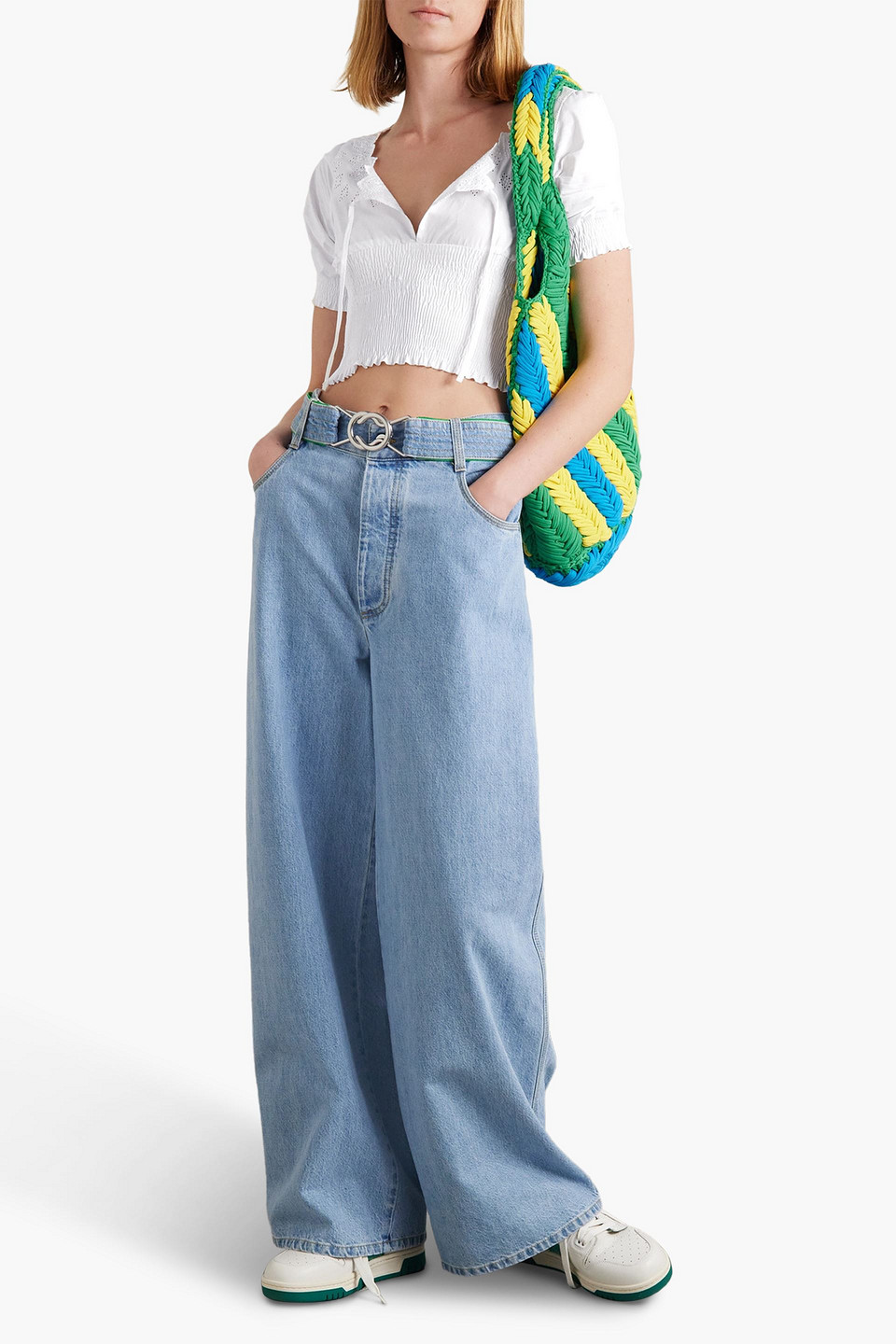 Erl Cropped Shirred Broderie Anglaise Cotton-poplin Top In White