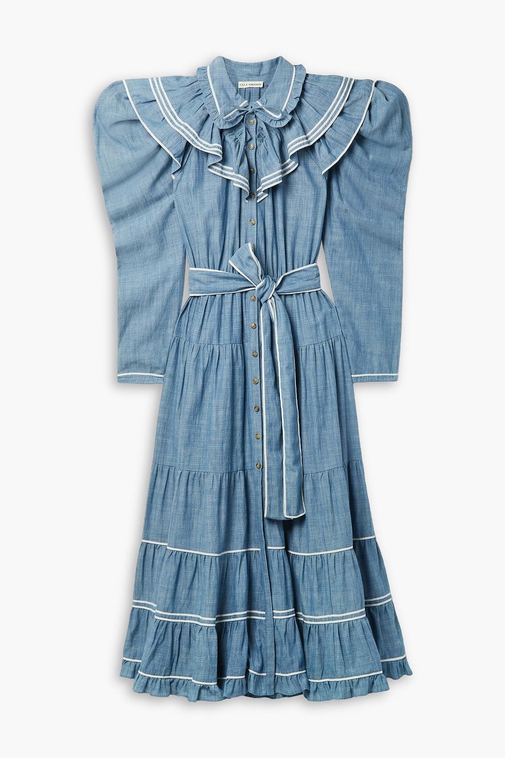 ULLA JOHNSON Bunny belted ruffled cotton chambray midi shirt dress