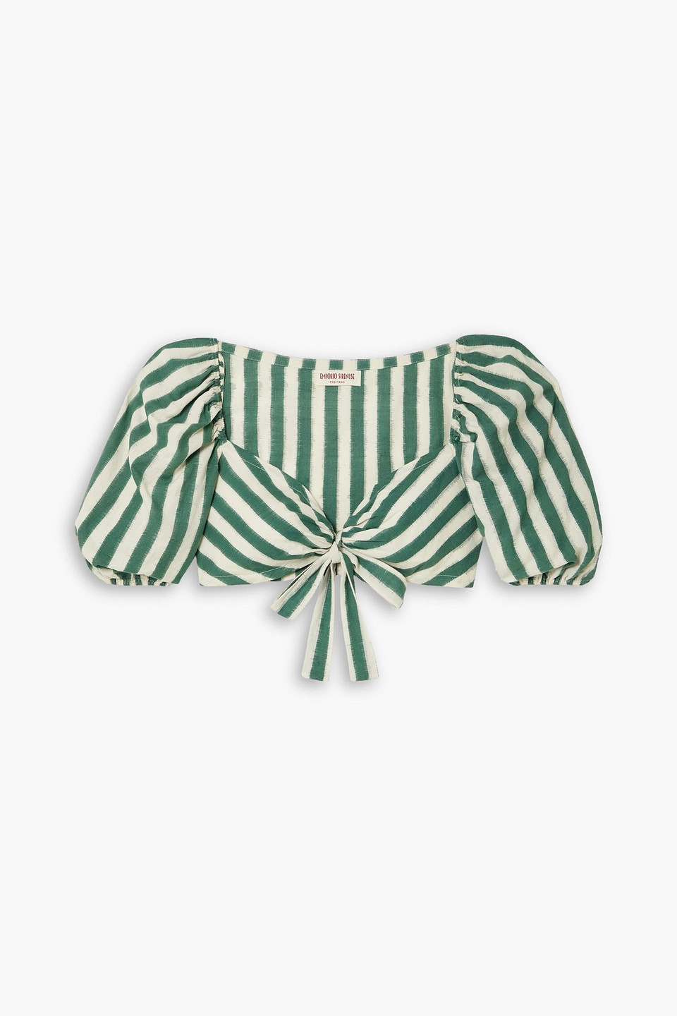 Shop Emporio Sirenuse Thaia Ikat Cropped Tie-front Striped Cotton Top In Green