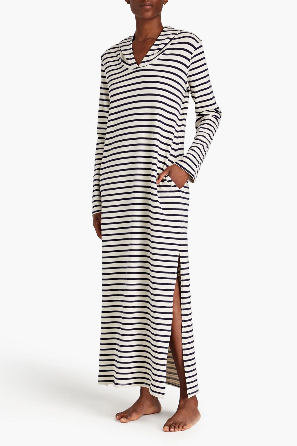 POUR LES FEMMES Striped French cotton-blend terry hooded nightdress