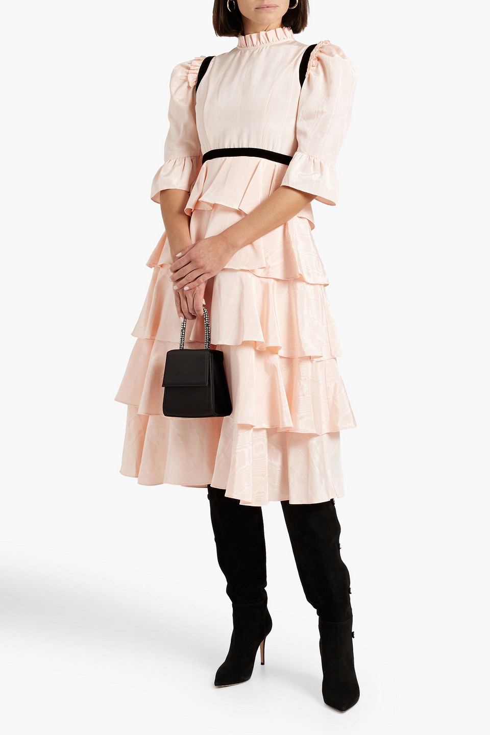 Batsheva Simone Tiered Ruffled Moire Midi Dress In Blush