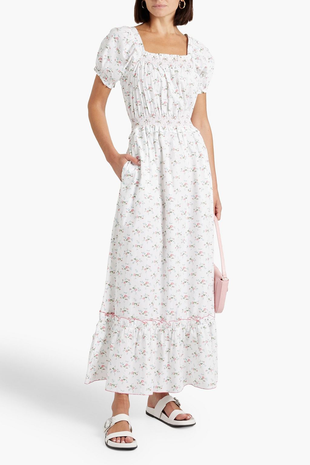 LORETTA CAPONI Stefania shirred floral-print cotton-poplin maxi dress