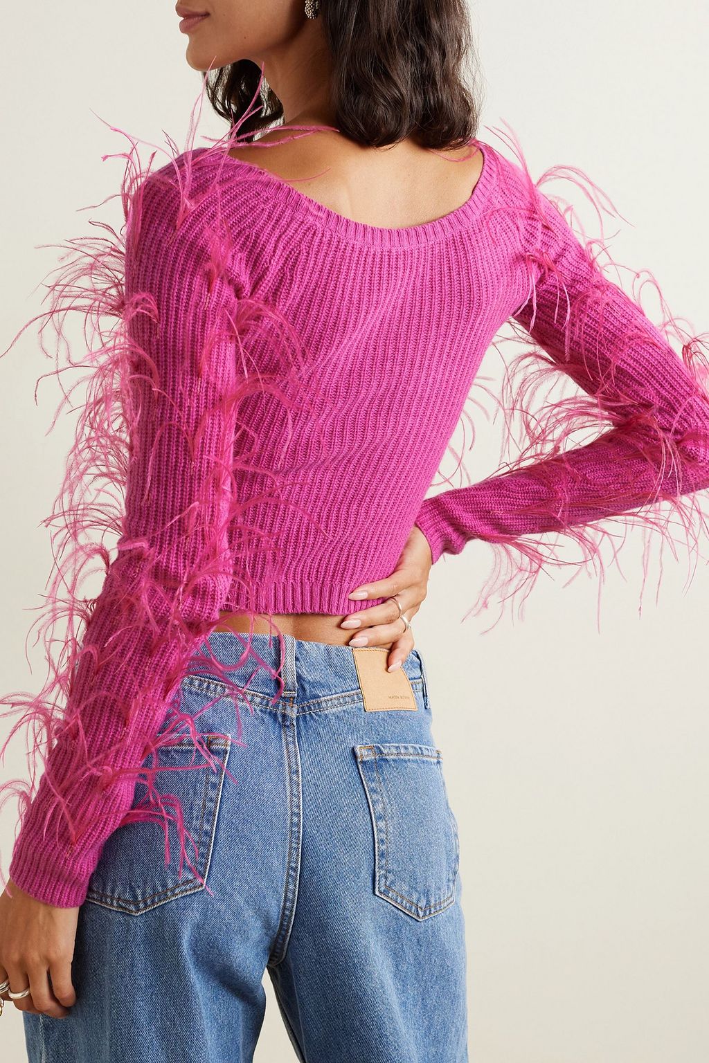 CULT GAIA Danton feather-embellished ribbed merino wool-blend top