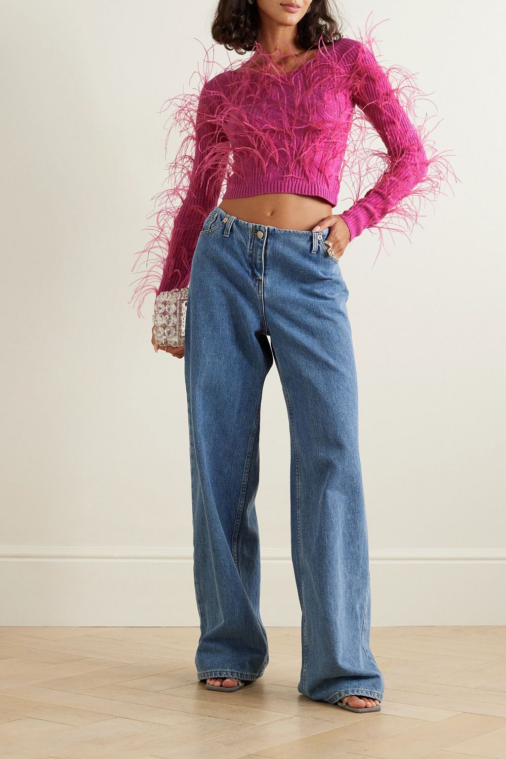 CULT GAIA Danton feather-embellished ribbed merino wool-blend top