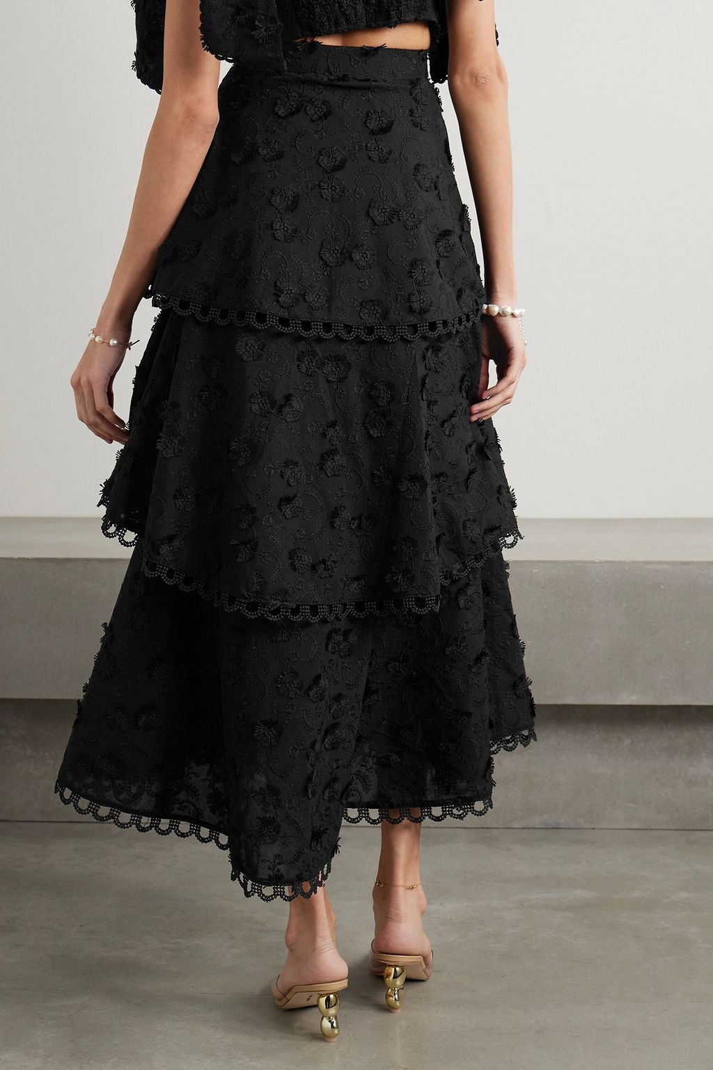 FARM RIO Tiered embroidered crepe midi skirt