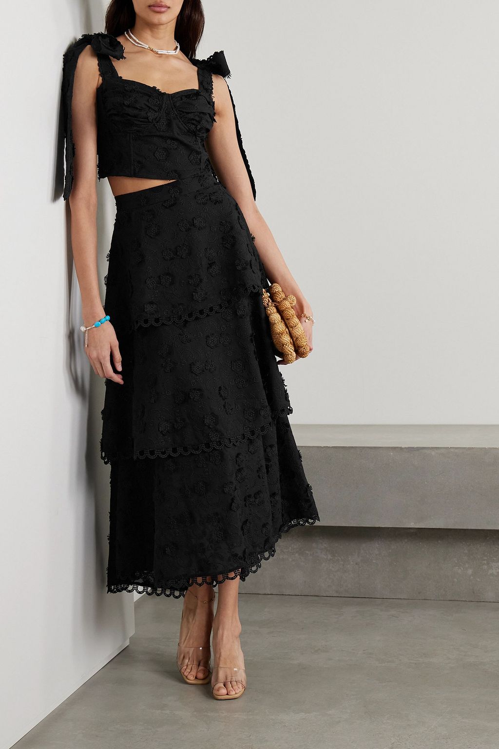FARM RIO Tiered embroidered crepe midi skirt