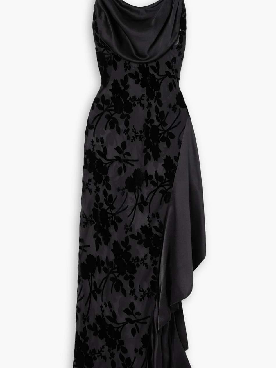 asymmetric draped ruffled satin and devoré-velvet midi dress