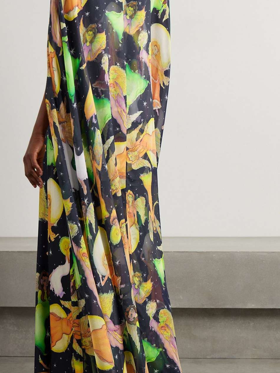 midnight fairy cape-effect lace-trimmed printed silk-charmeuse maxi dress