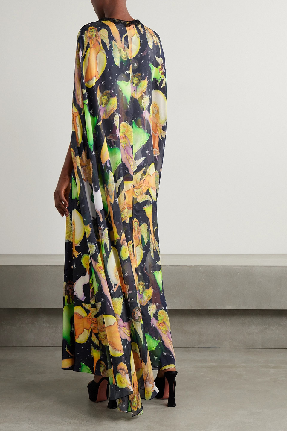 Rodarte Midnight Fairy Cape-effect Lace-trimmed Printed Silk-charmeuse Maxi Dress In Navy