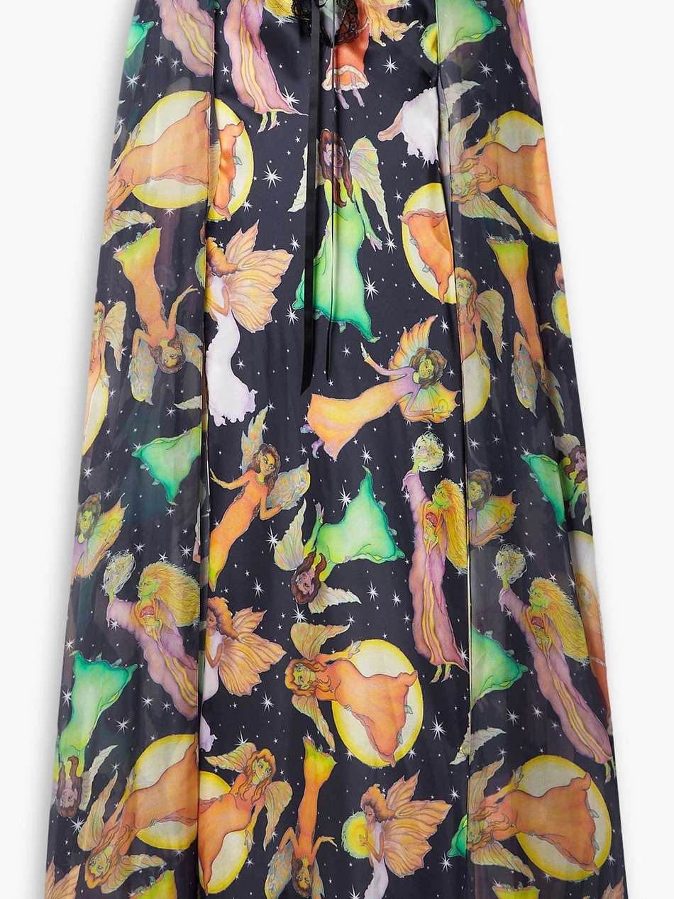 midnight fairy cape-effect lace-trimmed printed silk-charmeuse maxi dress