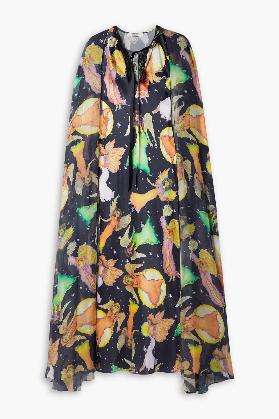 Rodarte Midnight Fairy Cape-effect Lace-trimmed Printed Silk-charmeuse Maxi Dress In Navy