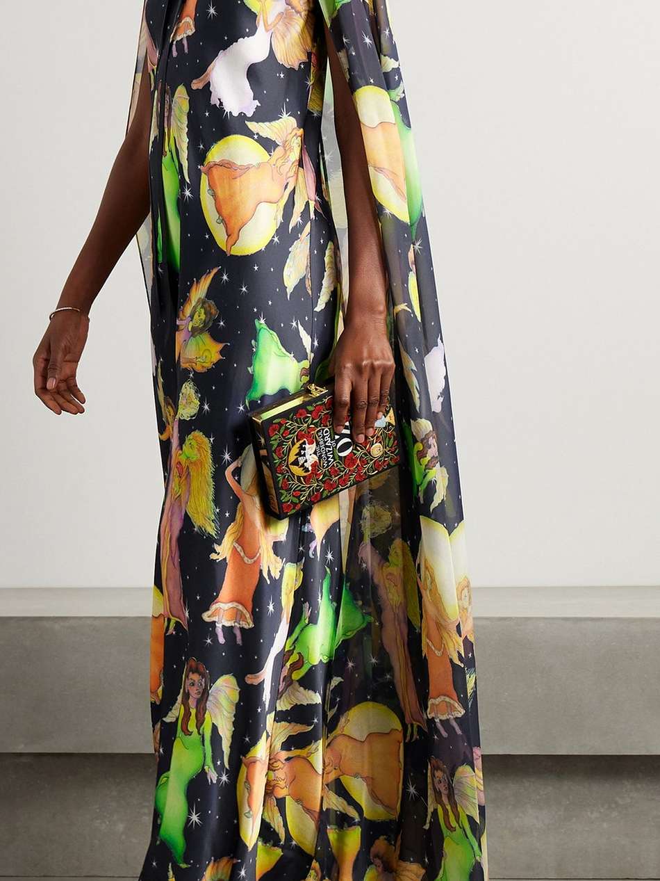 midnight fairy cape-effect lace-trimmed printed silk-charmeuse maxi dress