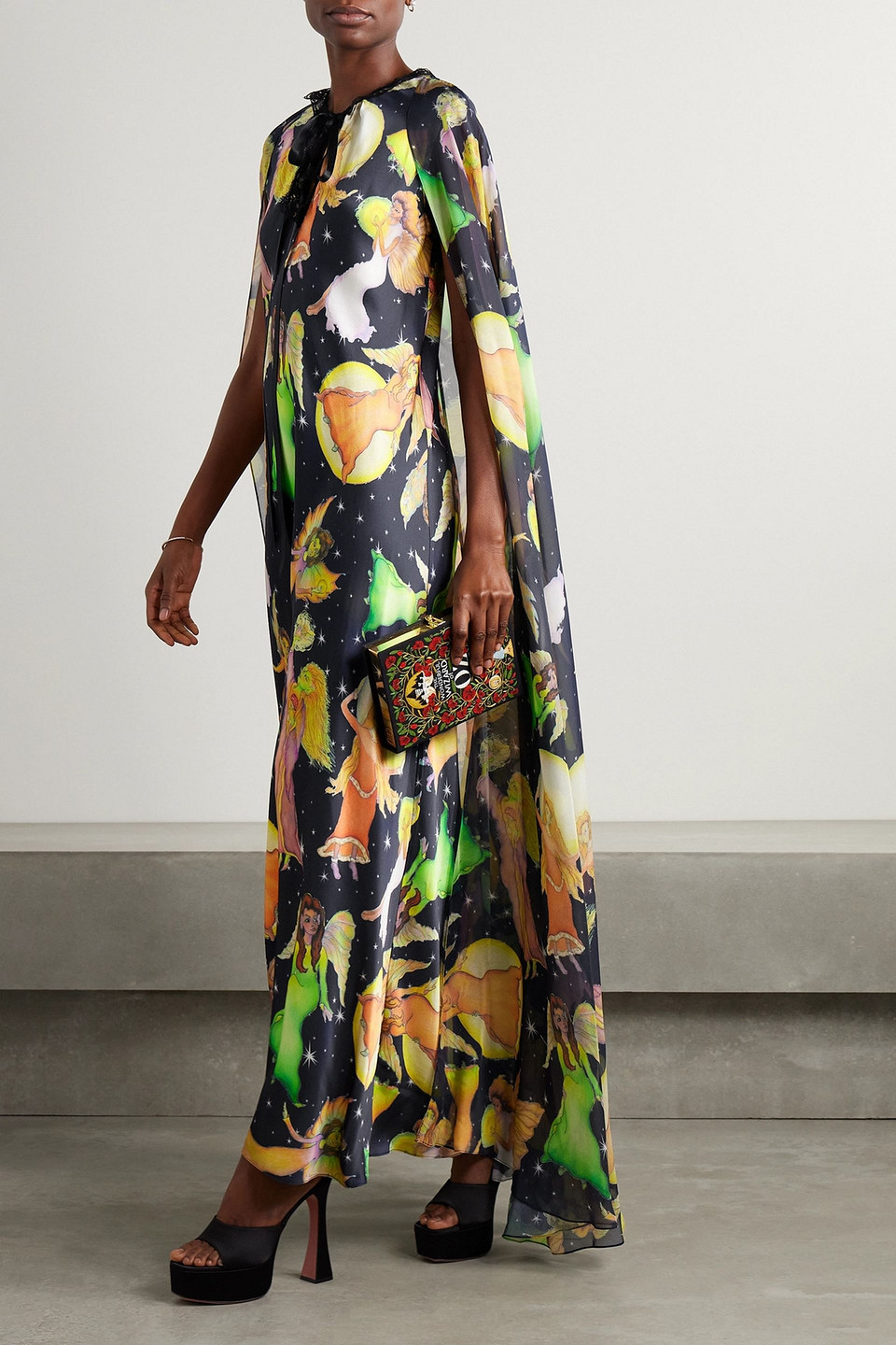 Rodarte Midnight Fairy Cape-effect Lace-trimmed Printed Silk-charmeuse Maxi Dress In Navy