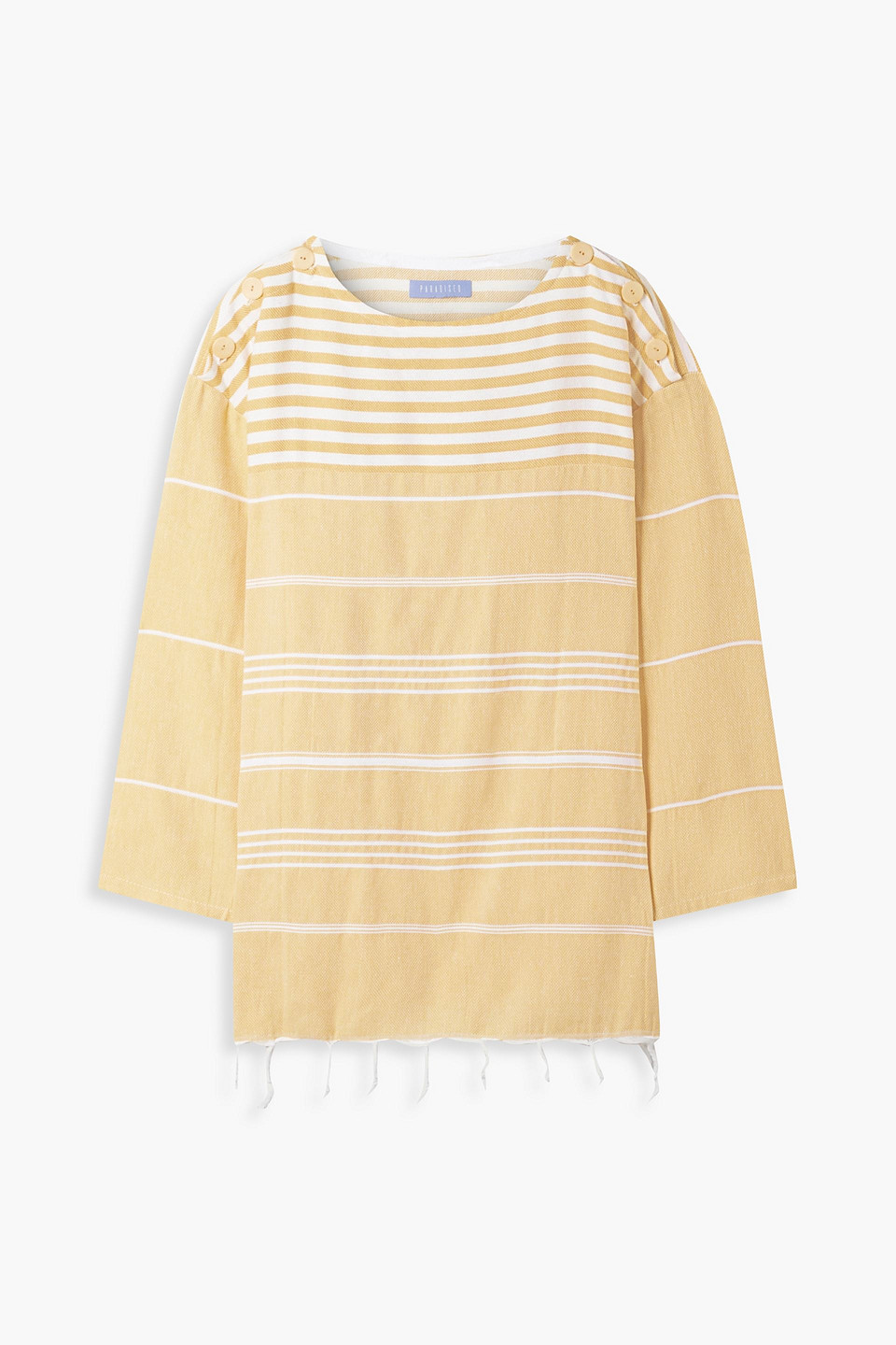 Paradised Waverunner Fringed Striped Cotton Tunic In Pastel Yellow