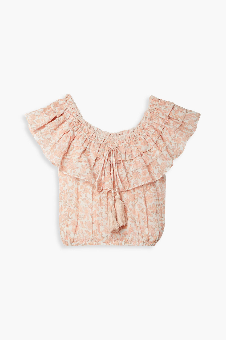 Loveshackfancy Dorin Cropped Ruffled Floral-print Cotton-voile Top In Sand