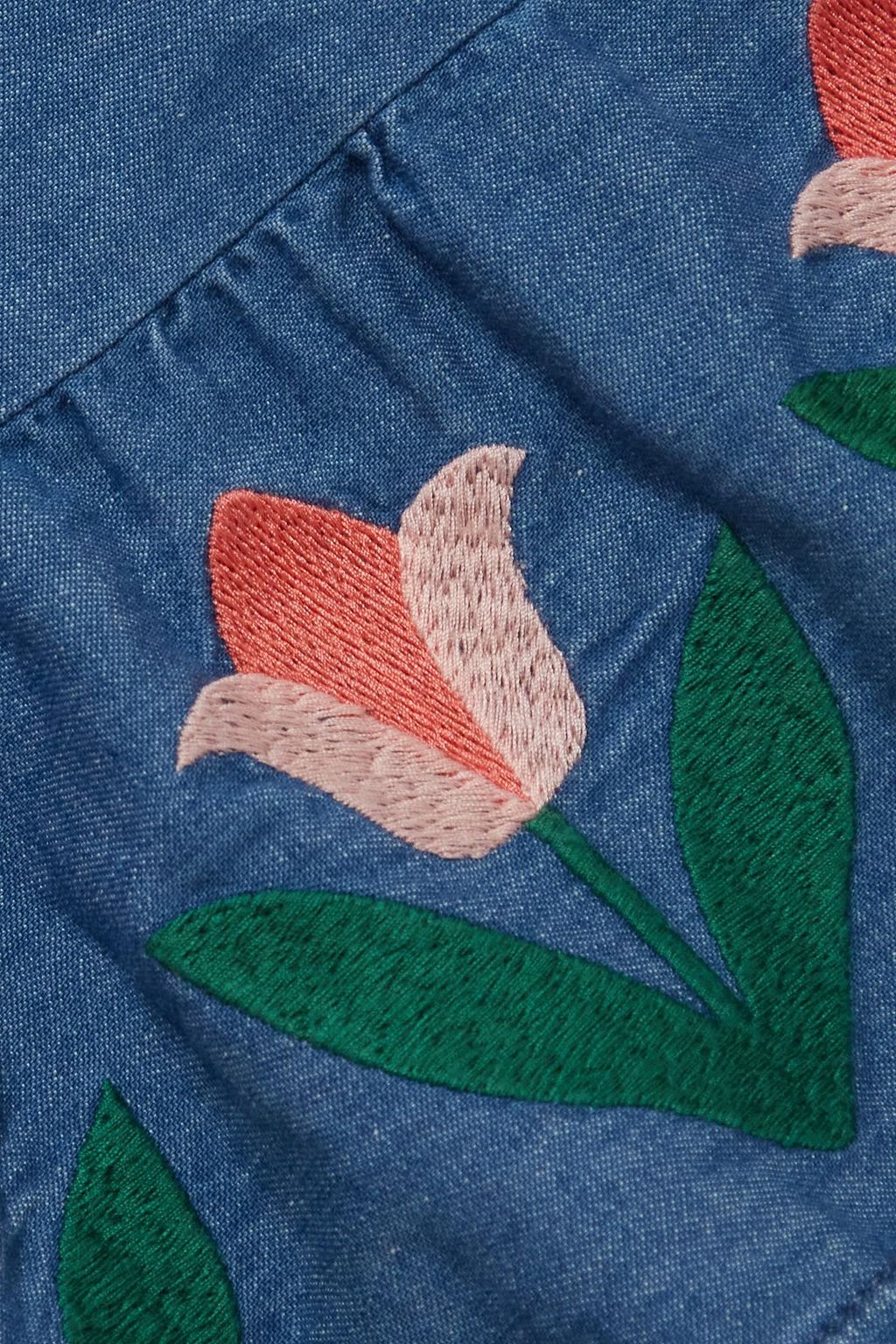 RIXO Kristen gestuftes Maxikleid aus Baumwoll-Chambray mit Stickereien