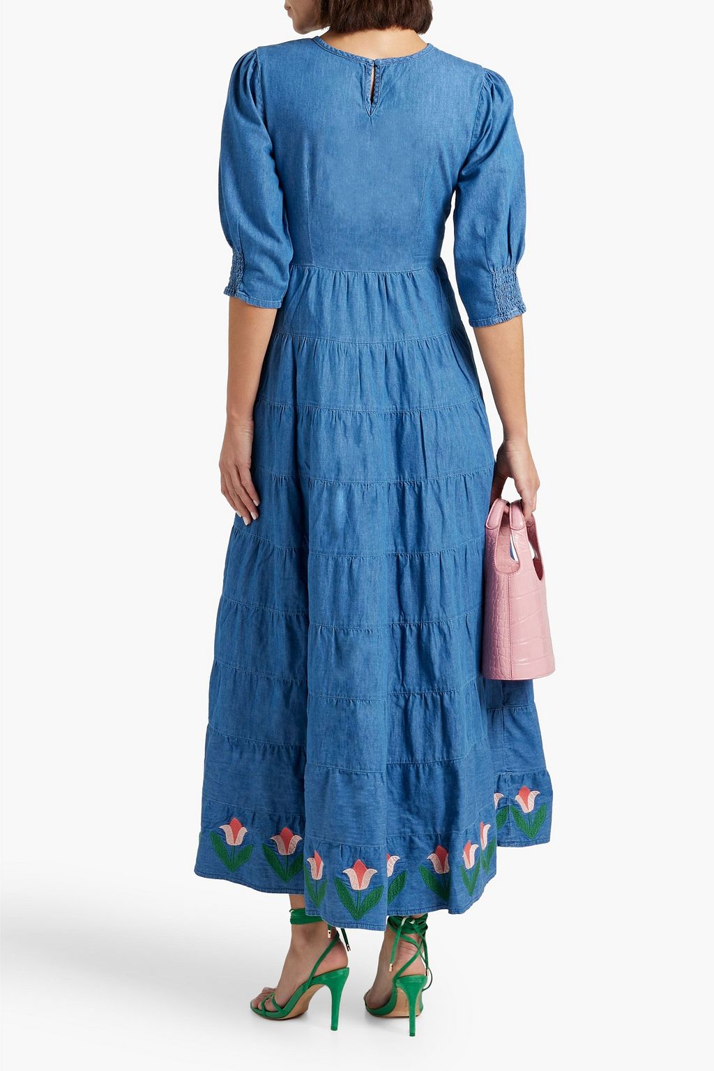 RIXO Kristen gestuftes Maxikleid aus Baumwoll-Chambray mit Stickereien