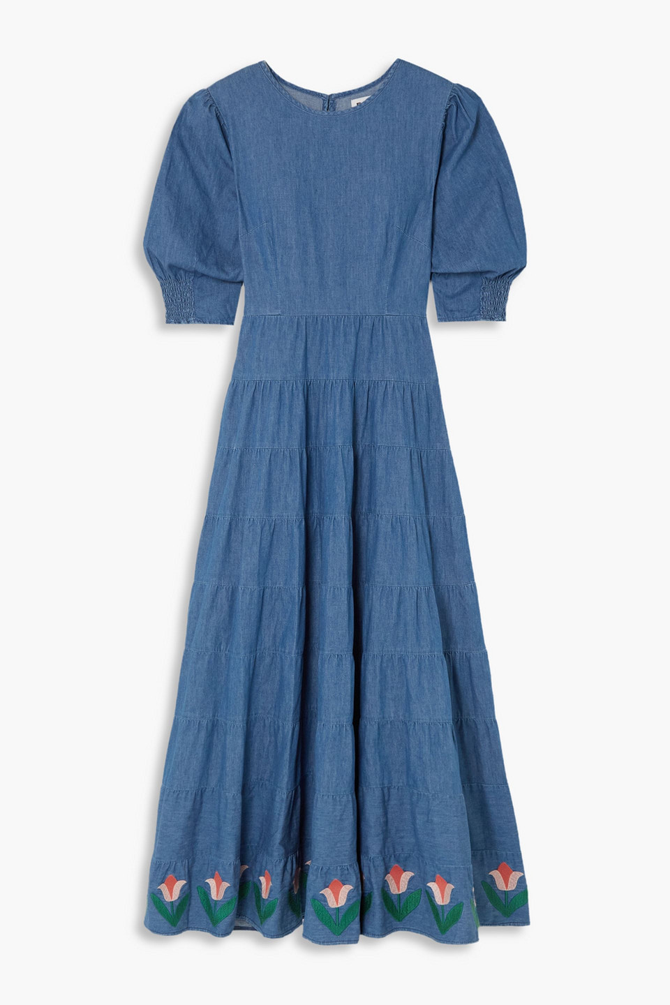 Rixo London Kristen Tiered Embroidered Denim Maxi Dress In Mid Denim
