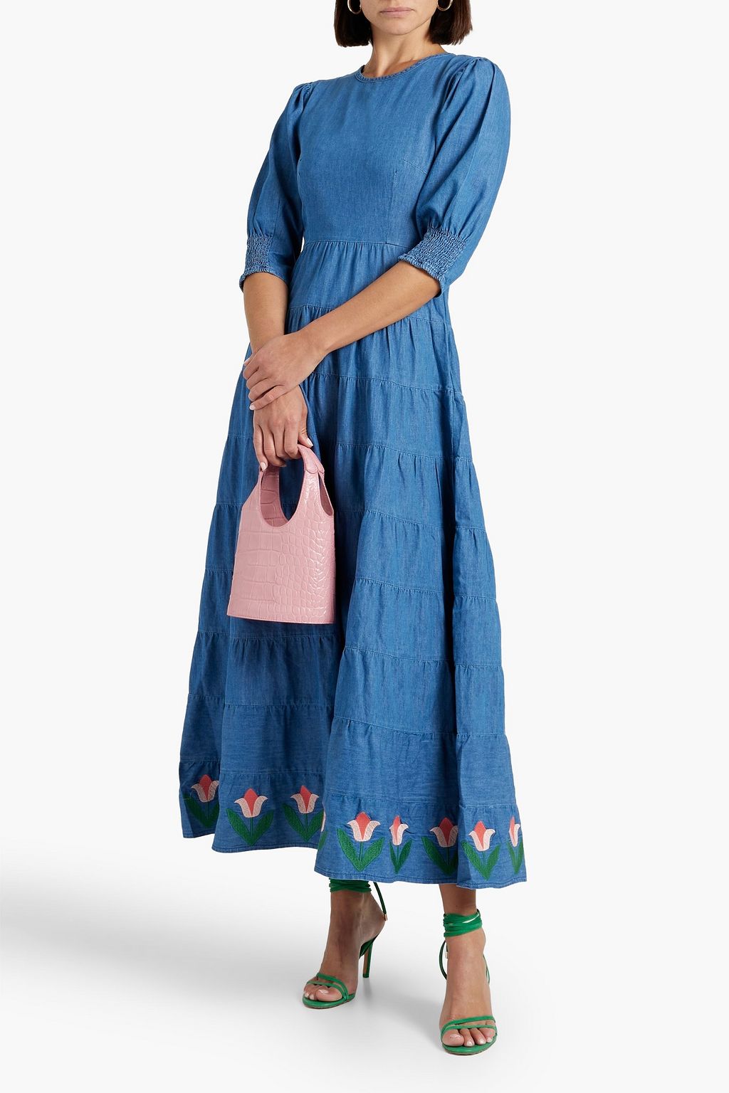 RIXO Kristen gestuftes Maxikleid aus Baumwoll-Chambray mit Stickereien
