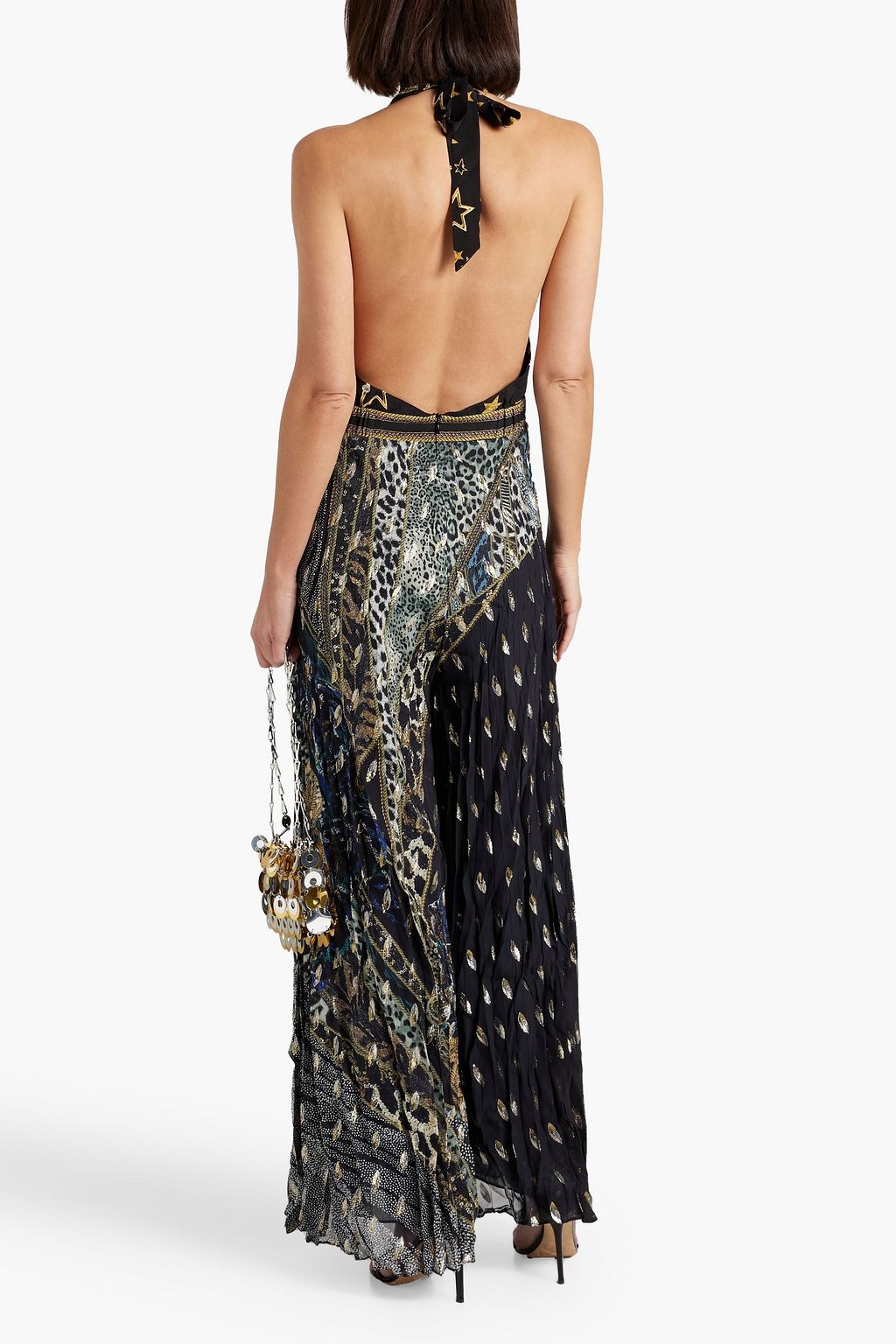 CAMILLA Embellished printed fil coupé silk-crepe halterneck jumpsuit