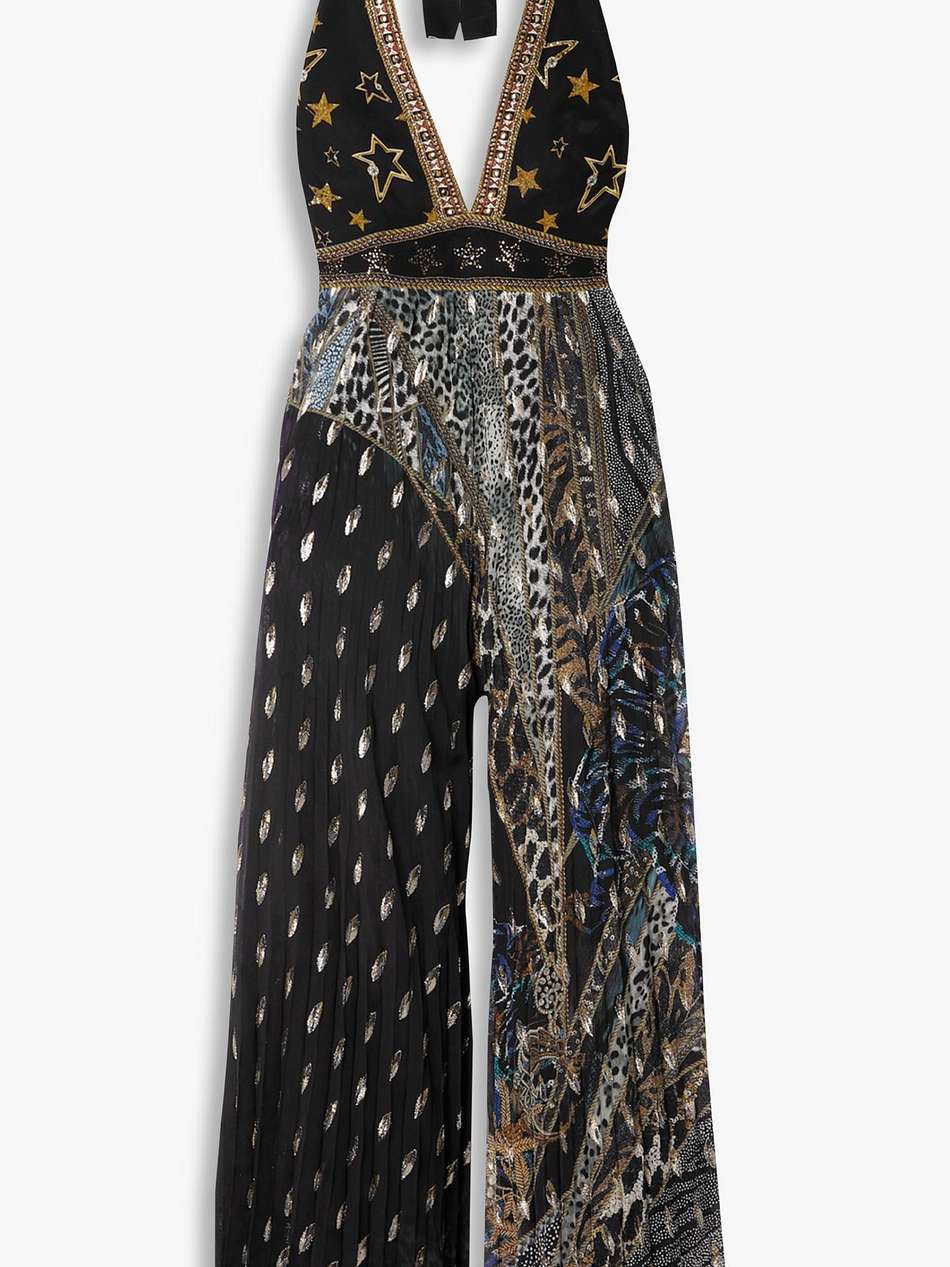 embellished printed fil coupé silk-crepe halterneck jumpsuit