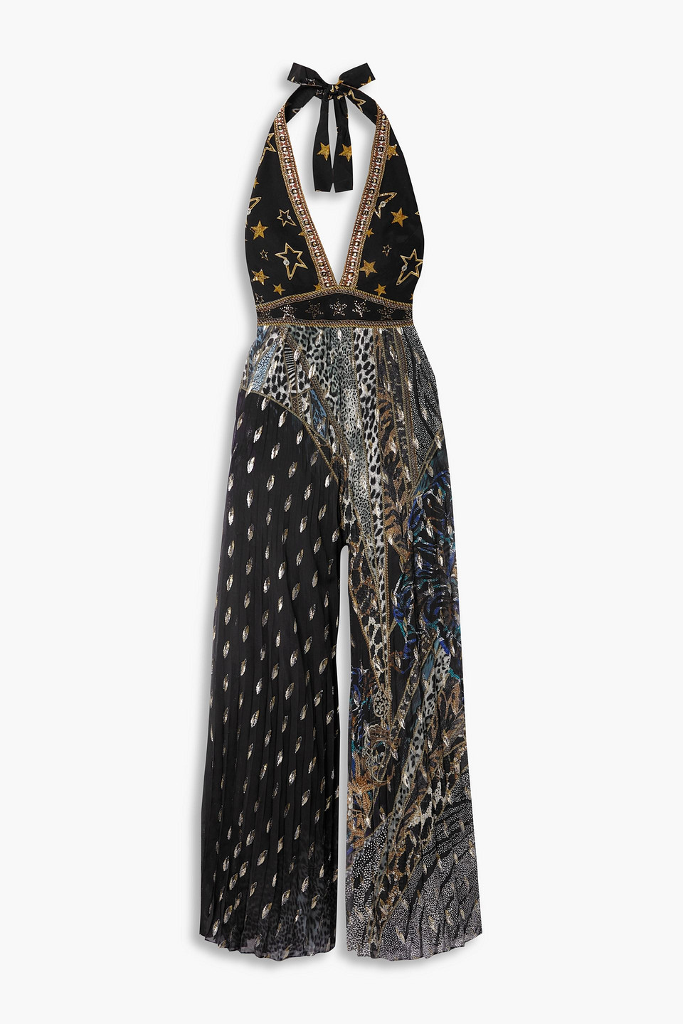 Camilla Embellished Printed Fil Coupé Silk-crepe Halterneck Jumpsuit In Black