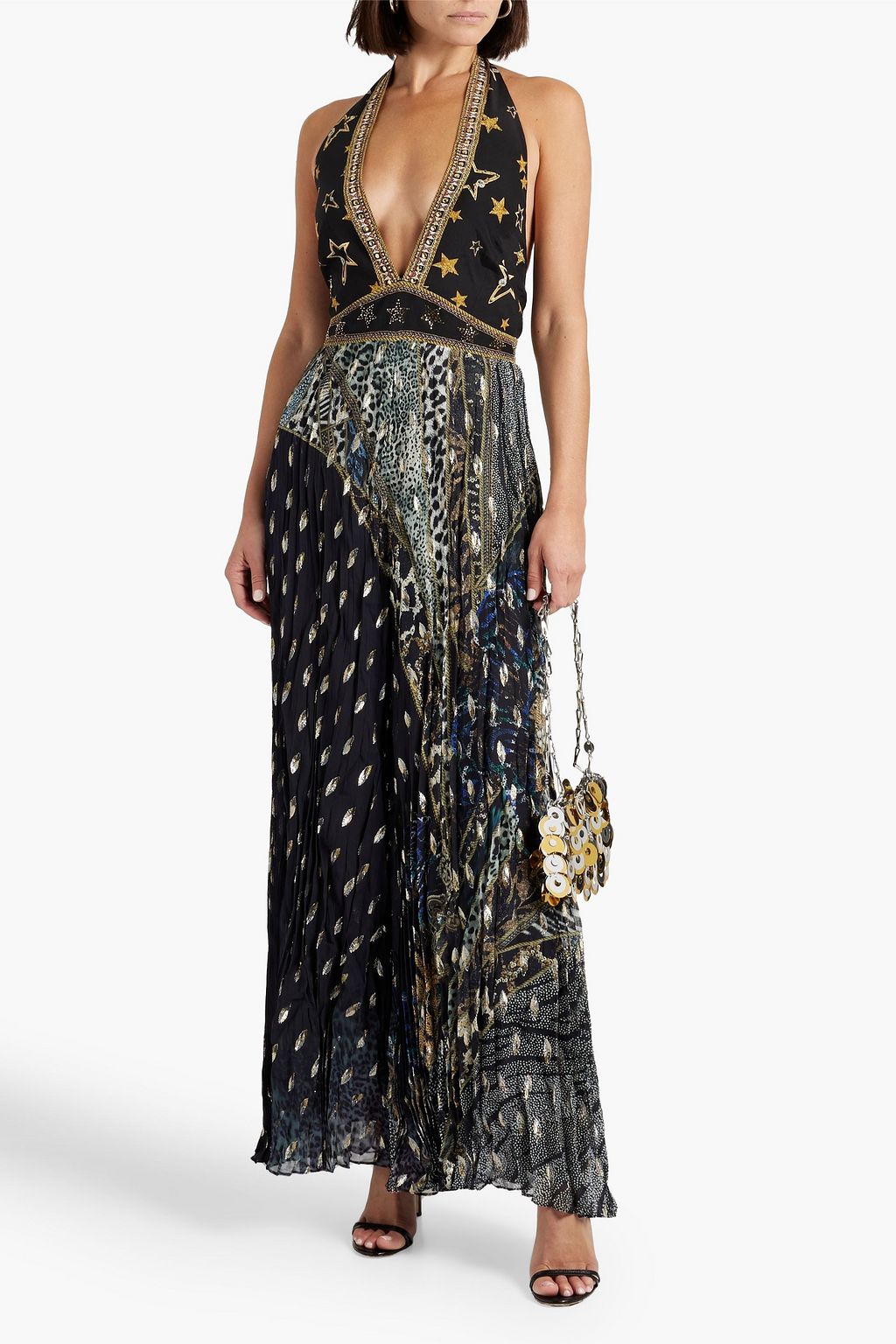 CAMILLA Embellished printed fil coupé silk-crepe halterneck jumpsuit