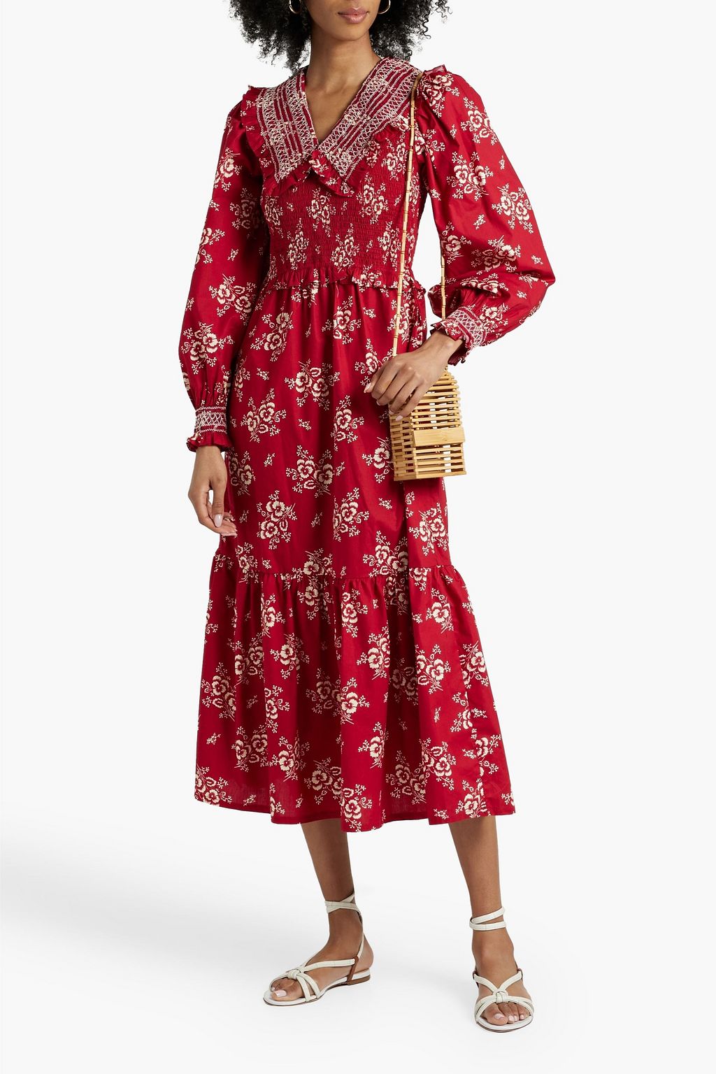 SEA Shirred floral-print cotton midi dress