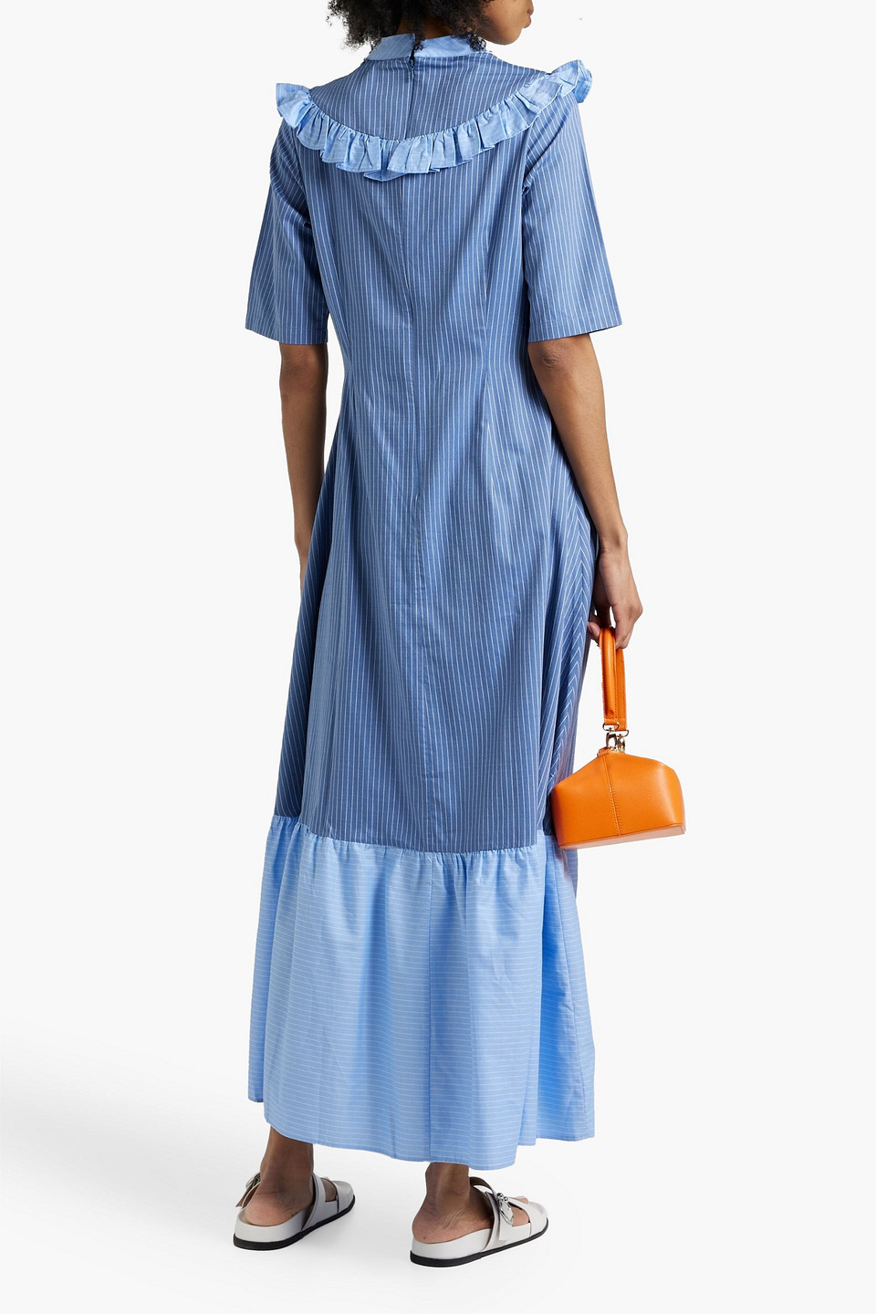 Shop Sindiso Khumalo The Vanguard Miss Gee Ruffled Pinstriped Cotton-poplin Maxi Dress In Blue