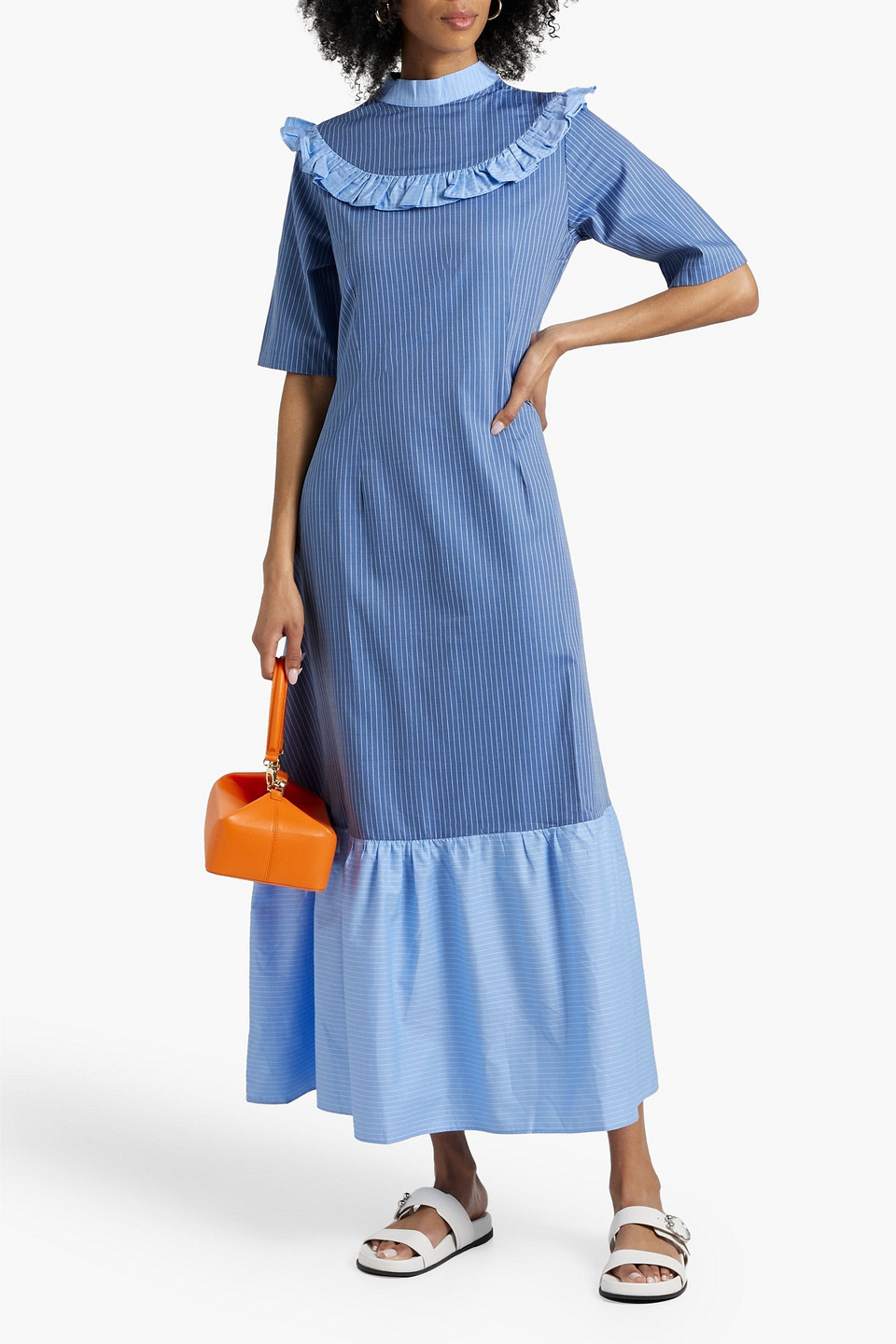 Shop Sindiso Khumalo The Vanguard Miss Gee Ruffled Pinstriped Cotton-poplin Maxi Dress In Blue