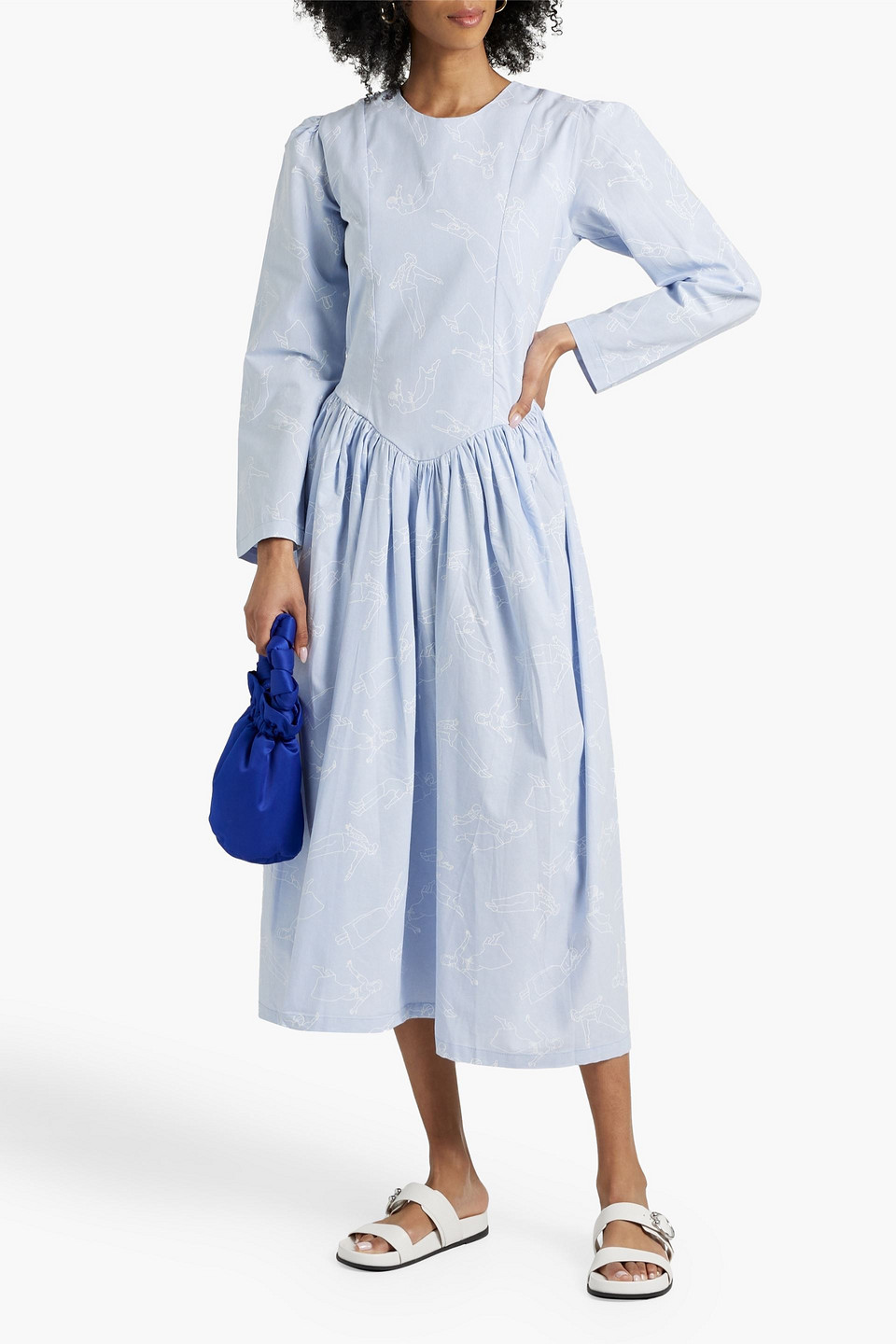 Shop Sindiso Khumalo The Vanguard Miss Lucie Gathered Printed Cotton Midi Dress In Sky Blue