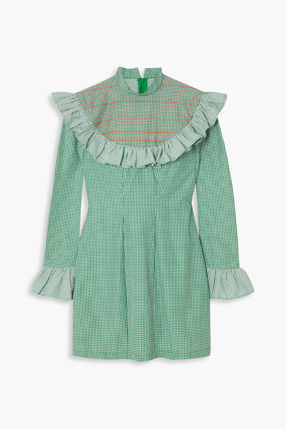 Sindiso Khumalo + The Vanguard Miss Swati Ruffled Embroidered Checked Cotton Mini Dress In Green