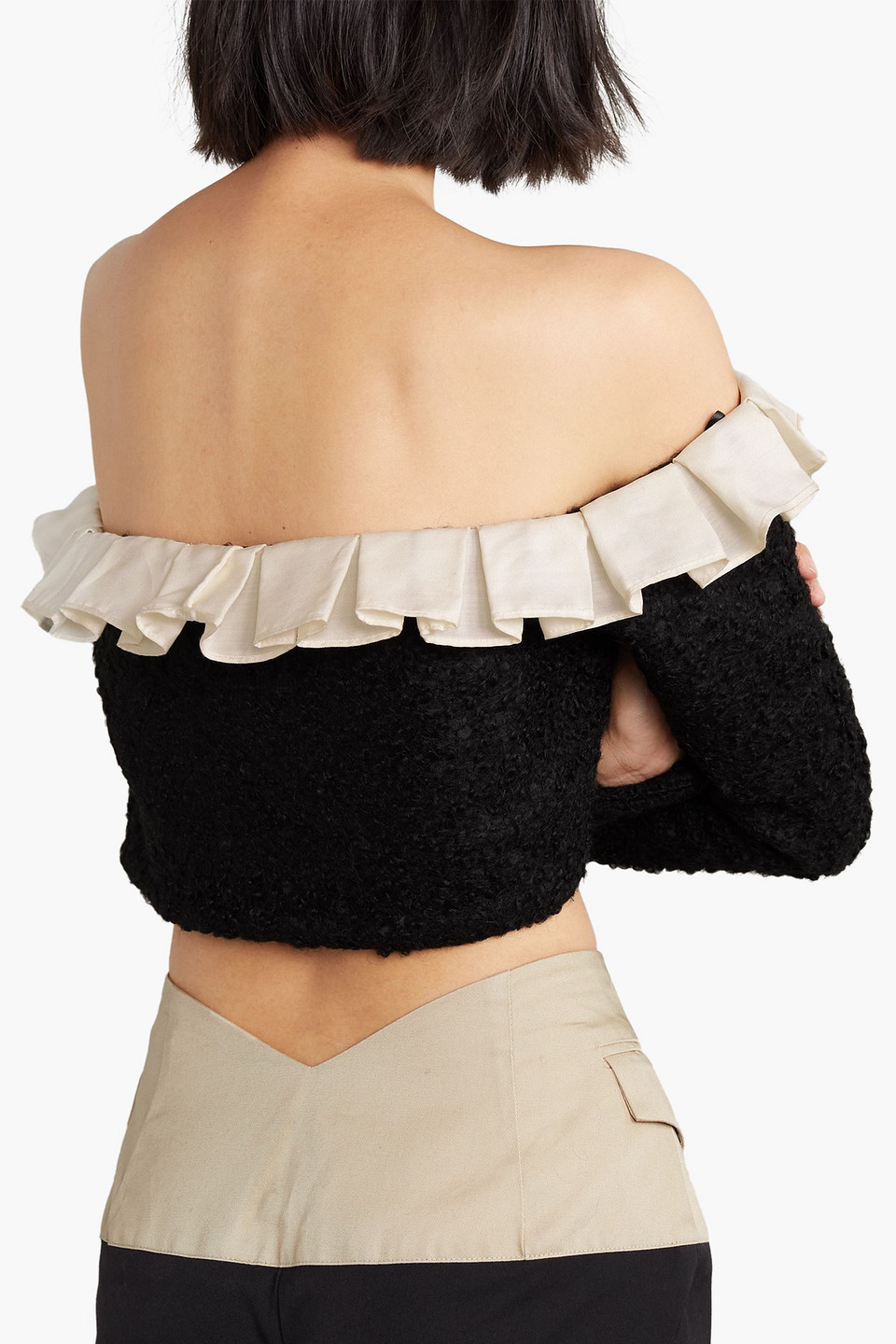 Shop Aaizél Cropped Ruffled Bouclé-knit Cardigan In Black