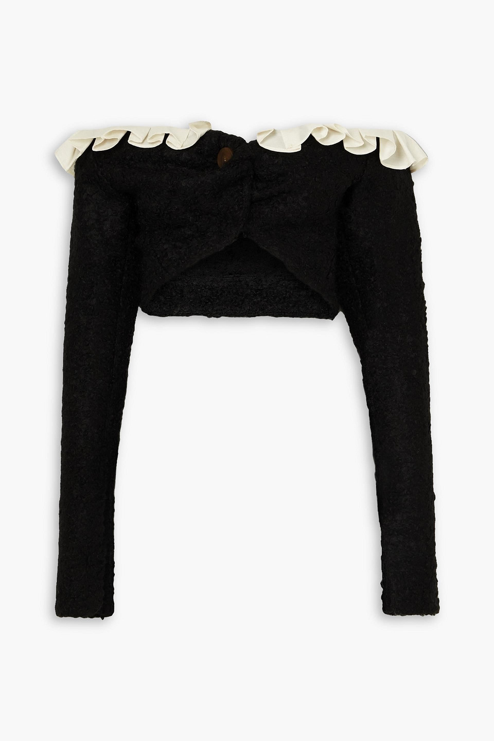 Aaizél Cropped Ruffled Bouclé-knit Cardigan In Black